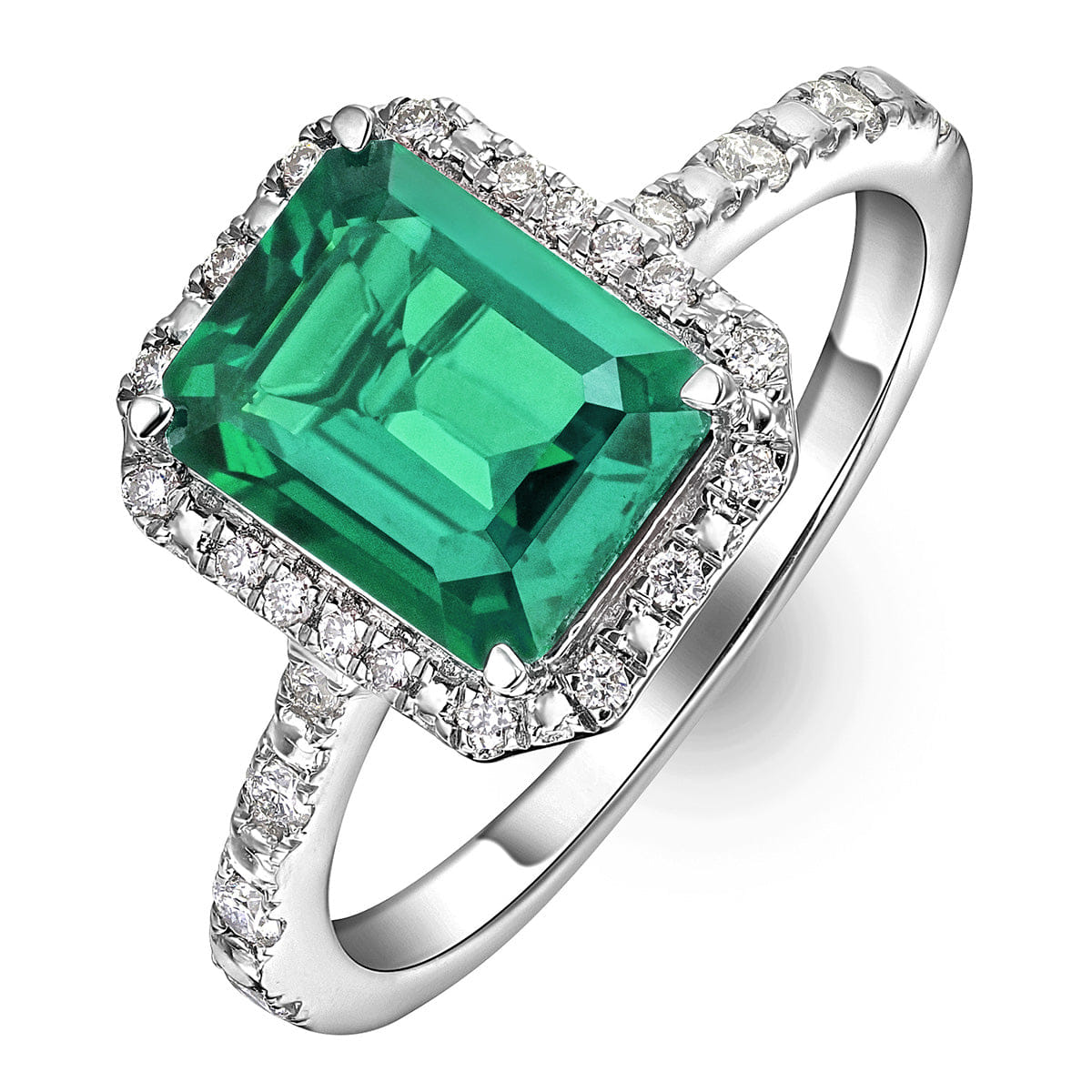 Diamond Astra 1.50ct Lab Emerald and Diamond Halo Shoulder Set Octagon Cut Ring in Silver