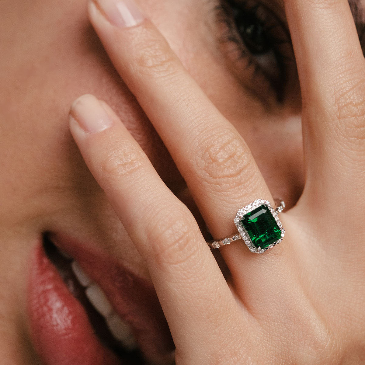 Diamond Astra 1.50ct Lab Emerald and Diamond Halo Shoulder Set Octagon Cut Ring in Silver