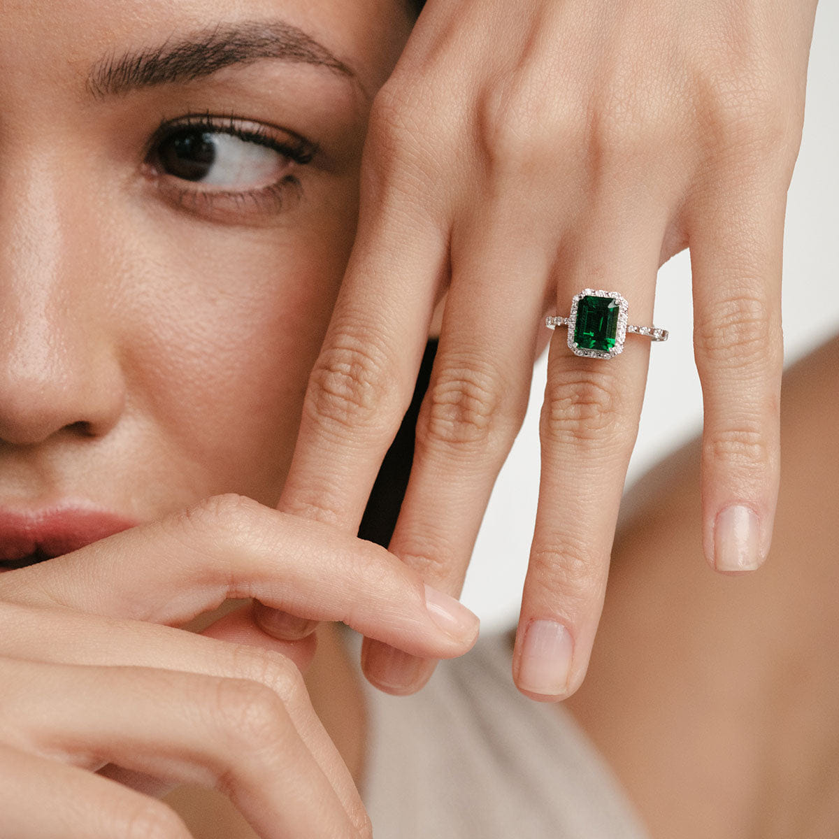 Diamond Astra 1.50ct Lab Emerald and Diamond Halo Shoulder Set Octagon Cut Ring in Silver