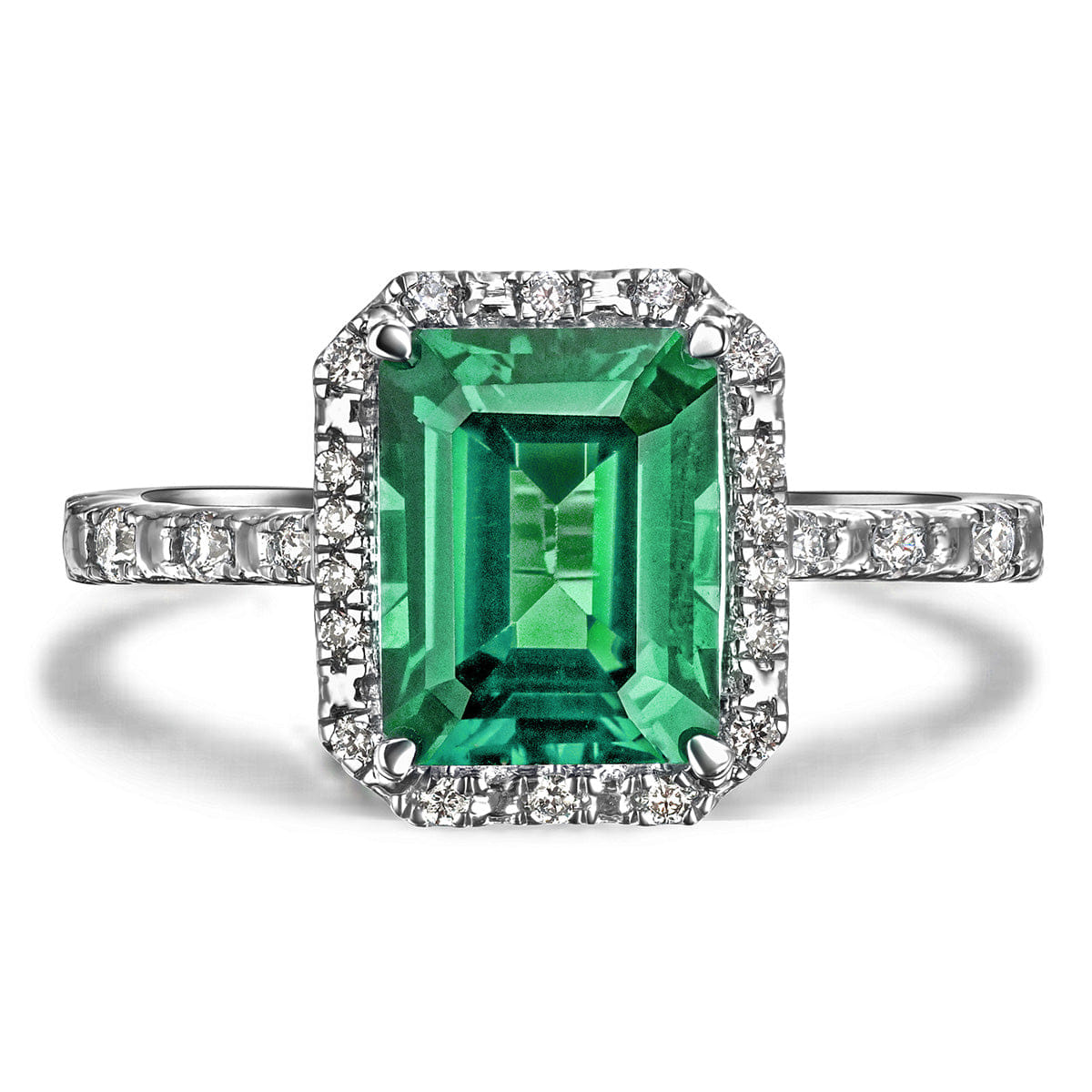 Diamond Astra 1.50ct Lab Emerald and Diamond Halo Shoulder Set Octagon Cut Ring in Silver