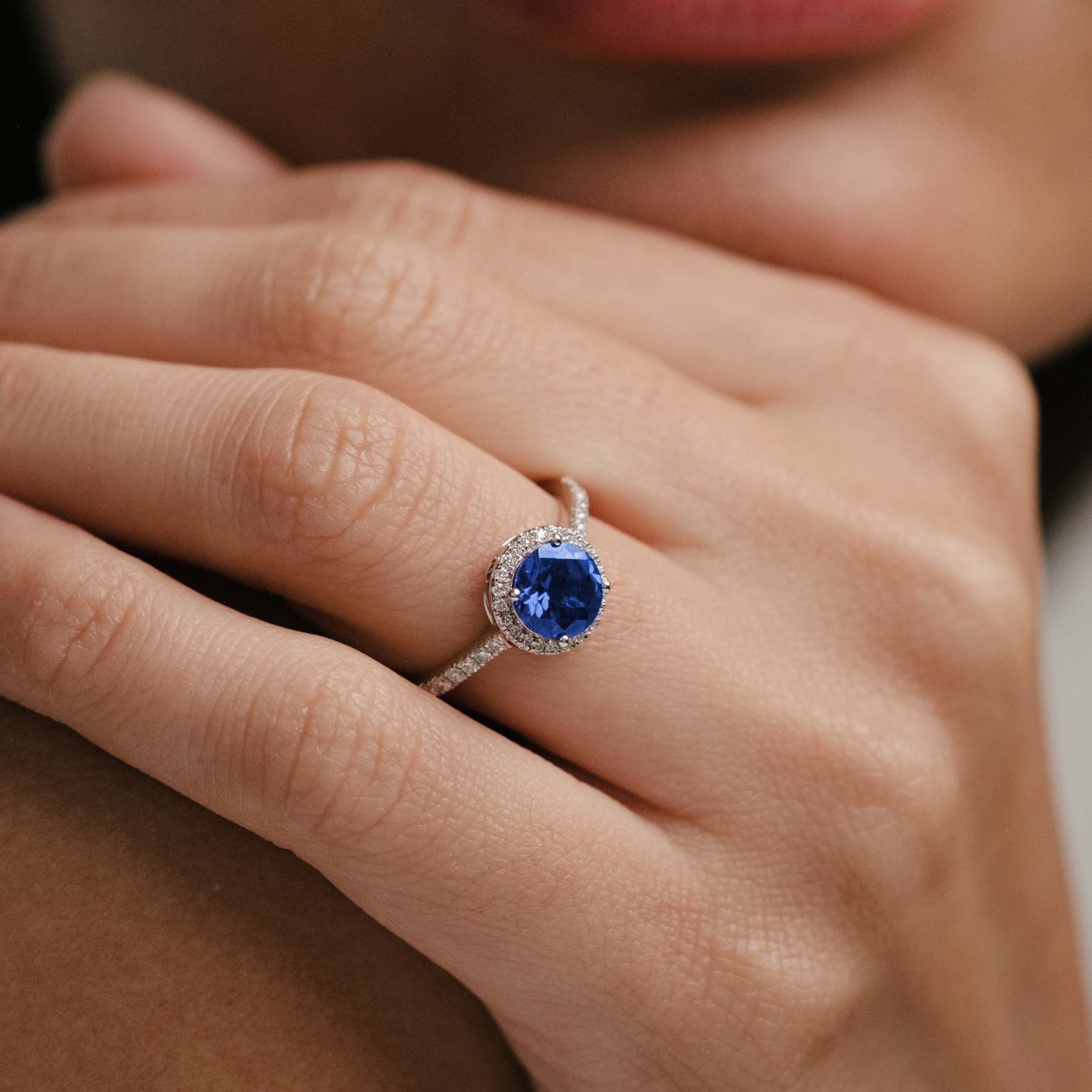 Diamond Astra 3.60ct Lab Sapphire and Diamond Halo Shoulder Set Round Cut in Silver