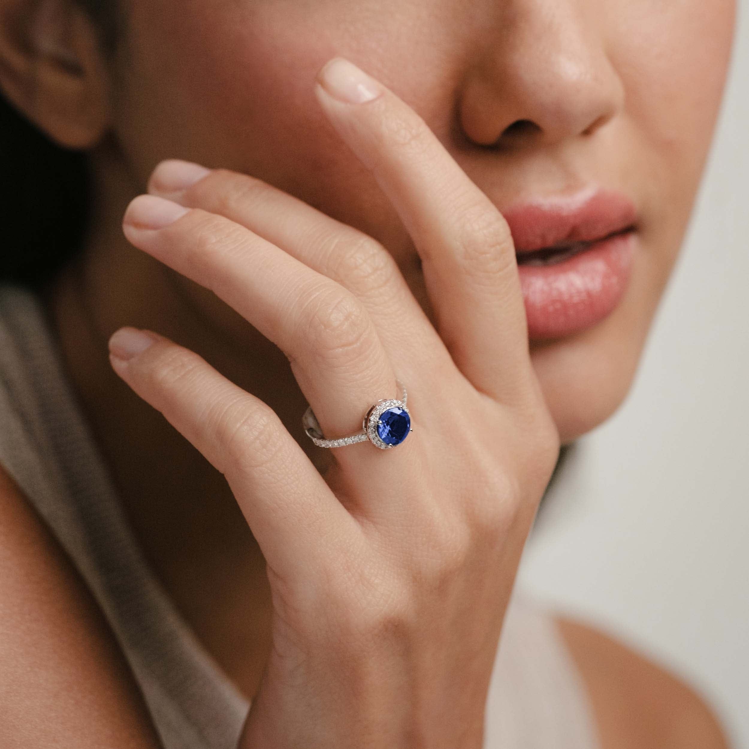 Diamond Astra 3.60ct Lab Sapphire and Diamond Halo Shoulder Set Round Cut in Silver