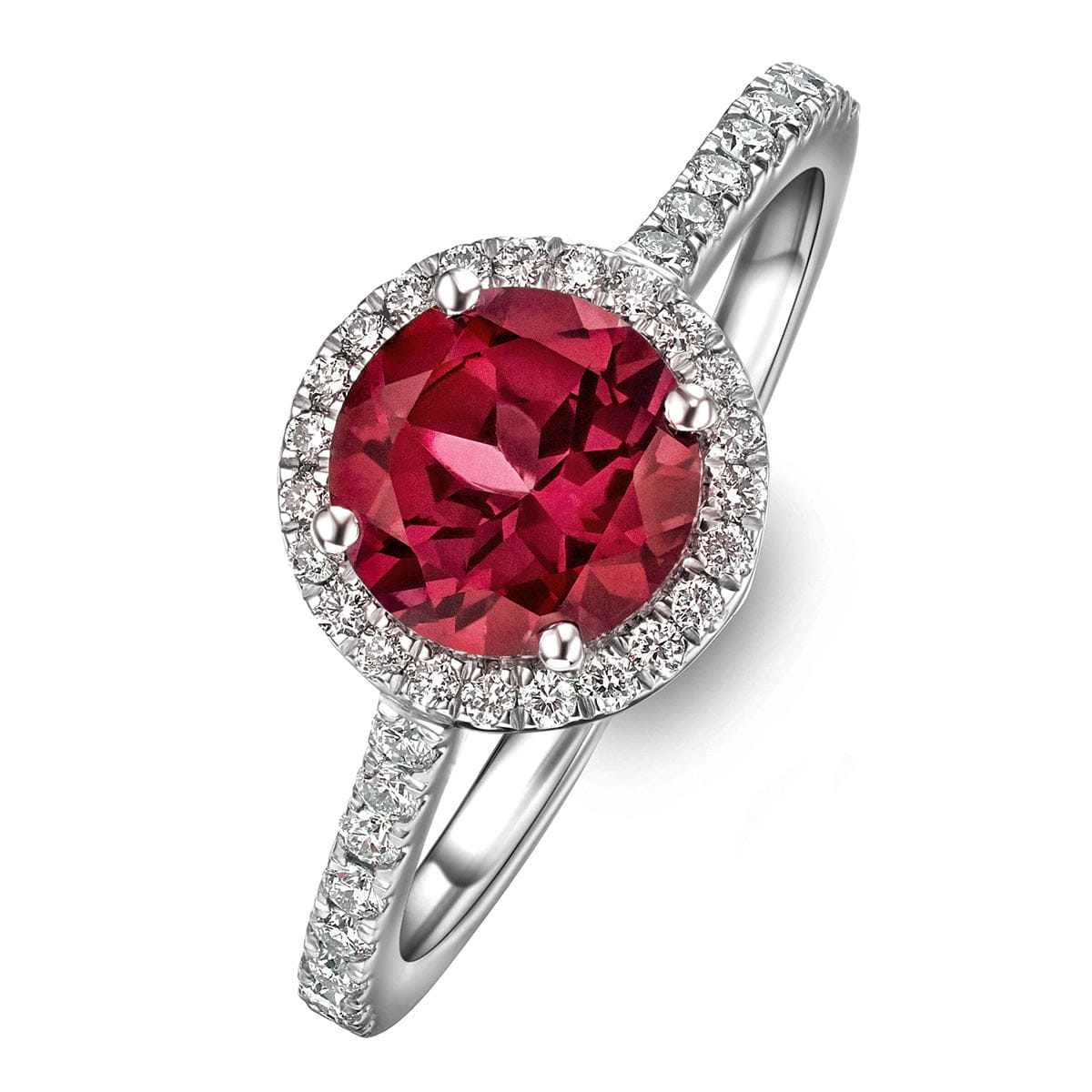 Diamond Astra 3.60ct Lab Ruby and Diamond Halo Shoulder Set Round Cut Ring in Silver