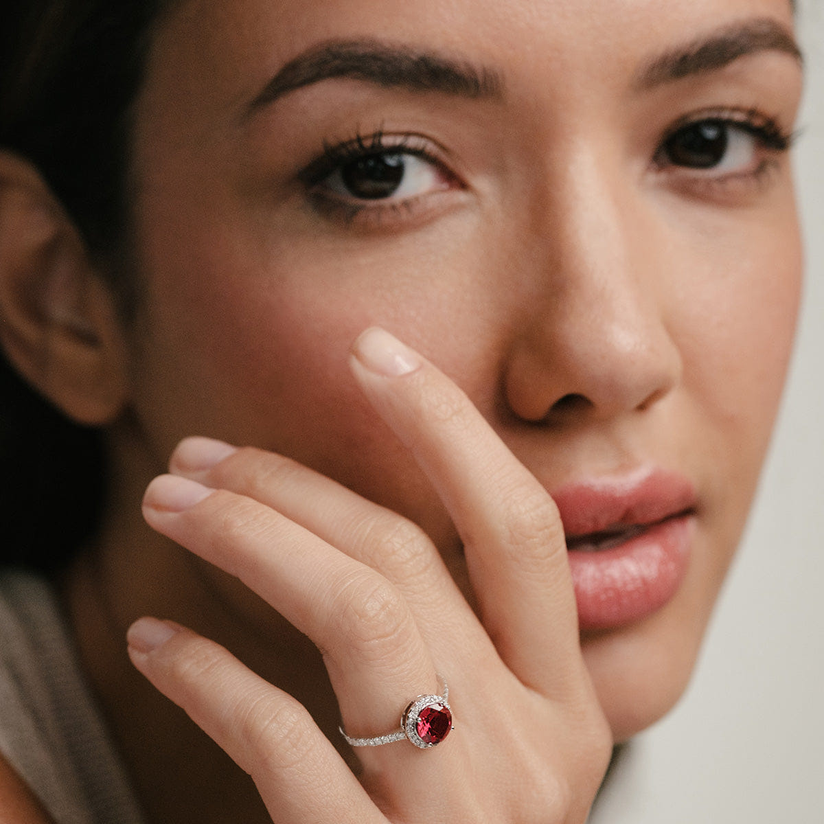 Diamond Astra 3.60ct Lab Ruby and Diamond Halo Shoulder Set Round Cut Ring in Silver