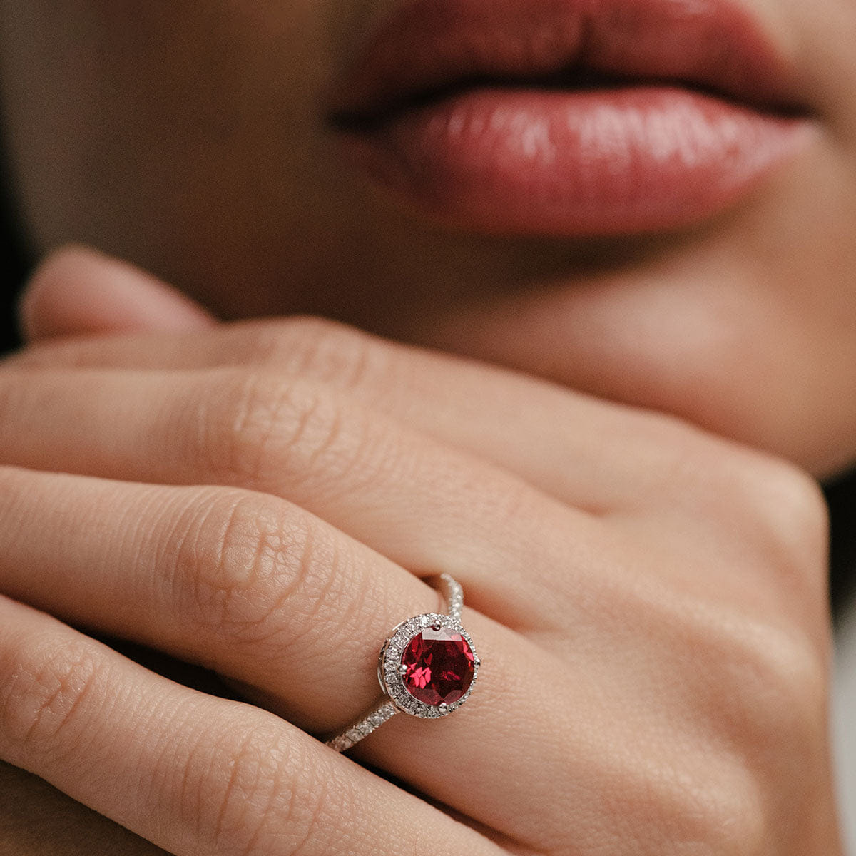 Diamond Astra 3.60ct Lab Ruby and Diamond Halo Shoulder Set Round Cut Ring in Silver