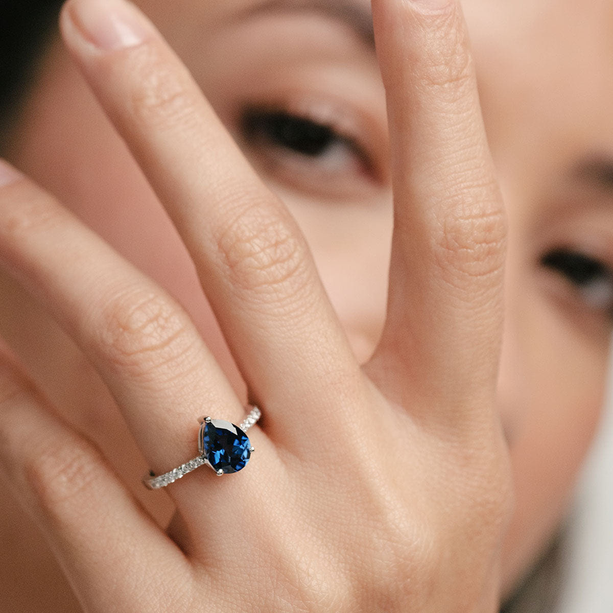 Diamond Astra 3.10ct Lab Sapphire and Diamond Shoulder Set Pear Cut Ring in Silver