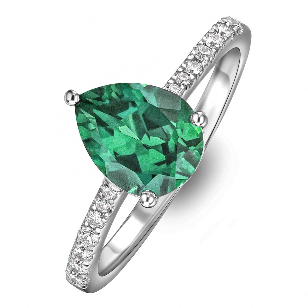 Diamond Astra 2.30ct Lab Emerald and Diamond Shoulder Set Pear Cut Ring in Silver