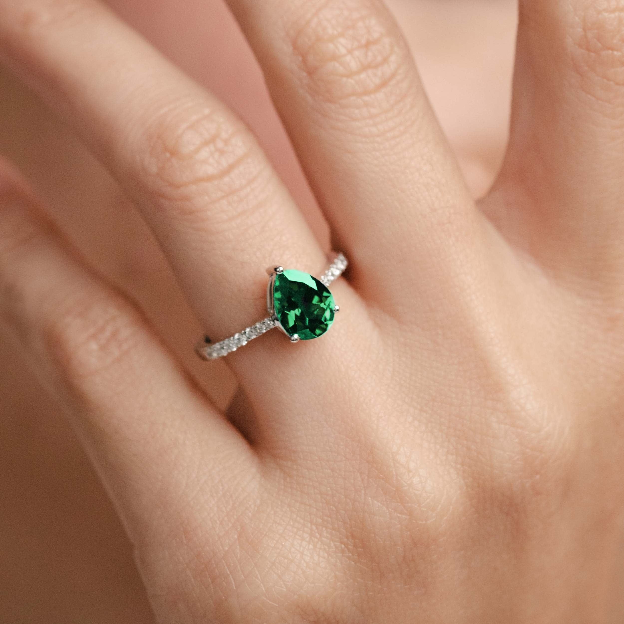 Diamond Astra 2.30ct Lab Emerald and Diamond Shoulder Set Pear Cut Ring in Silver