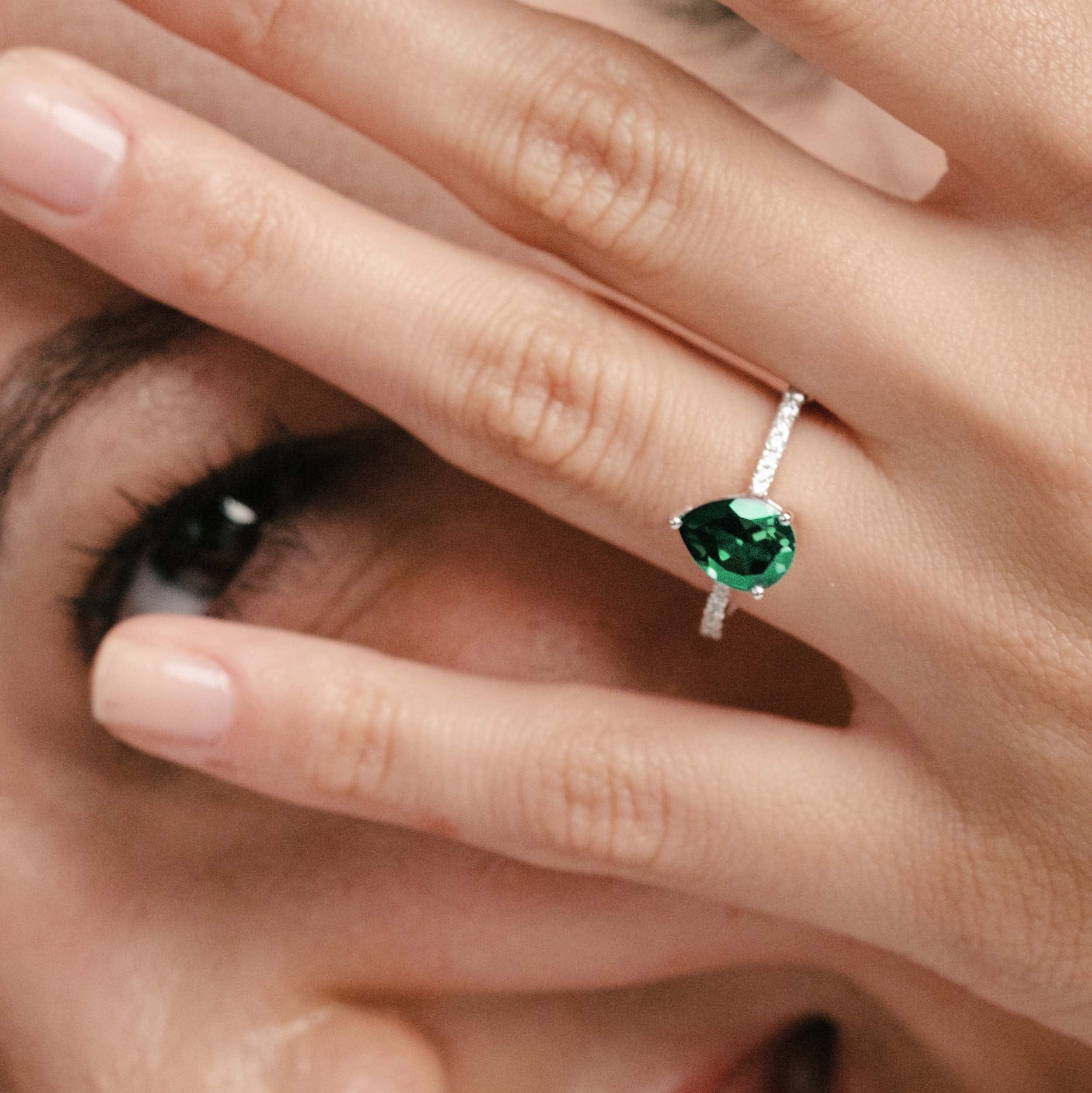 Diamond Astra 2.30ct Lab Emerald and Diamond Shoulder Set Pear Cut Ring in Silver
