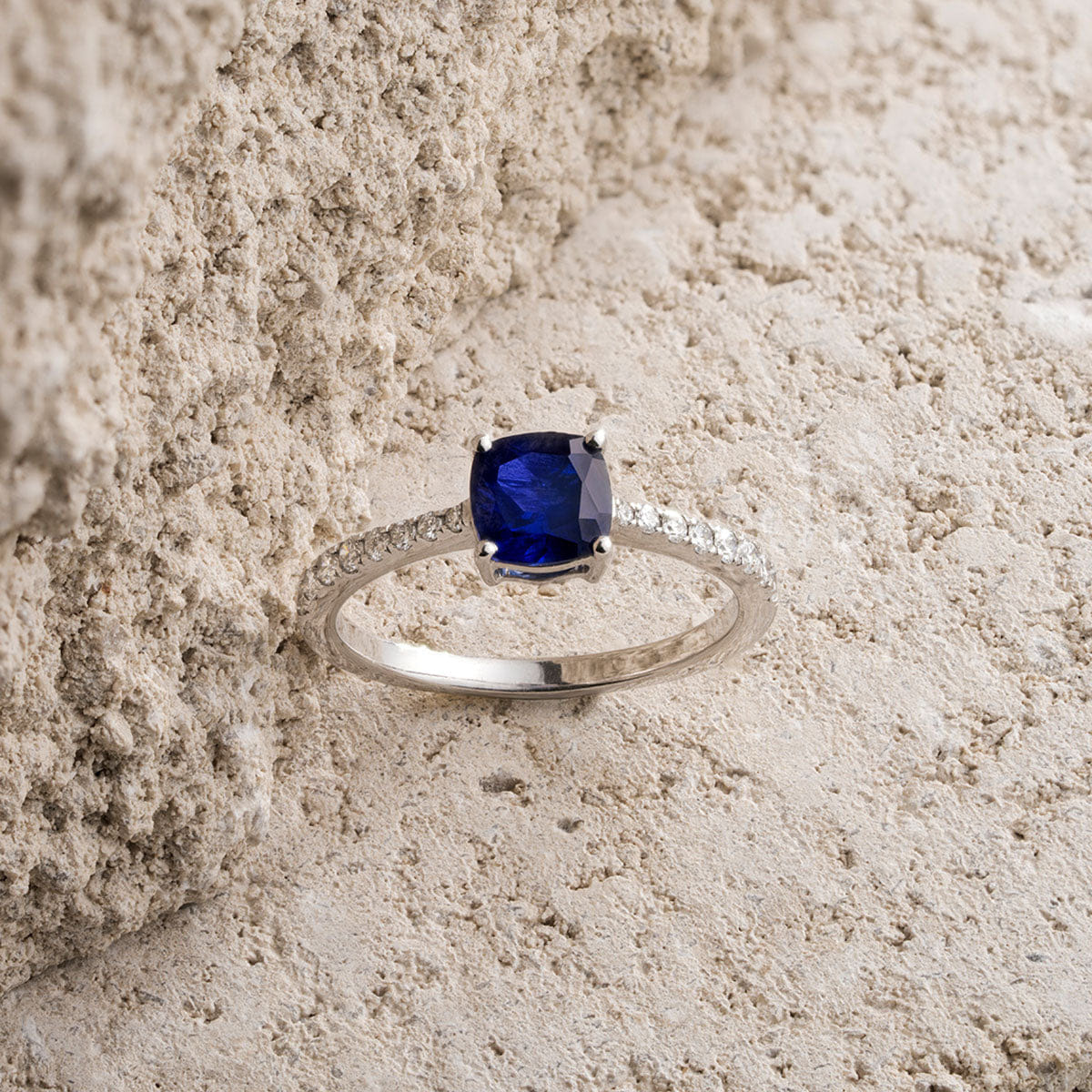 Diamond Astra 2.30ct Lab Sapphire and Diamond Shoulder Set Cushion Cut Ring in Silver