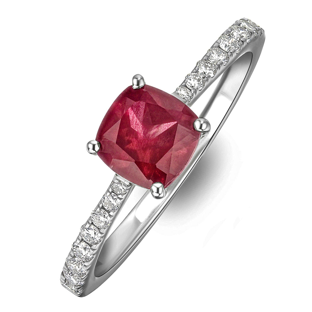 Diamond Astra 2.00ct Lab Ruby and Diamond Shoulder Set Cushion Cut Ring in Silver