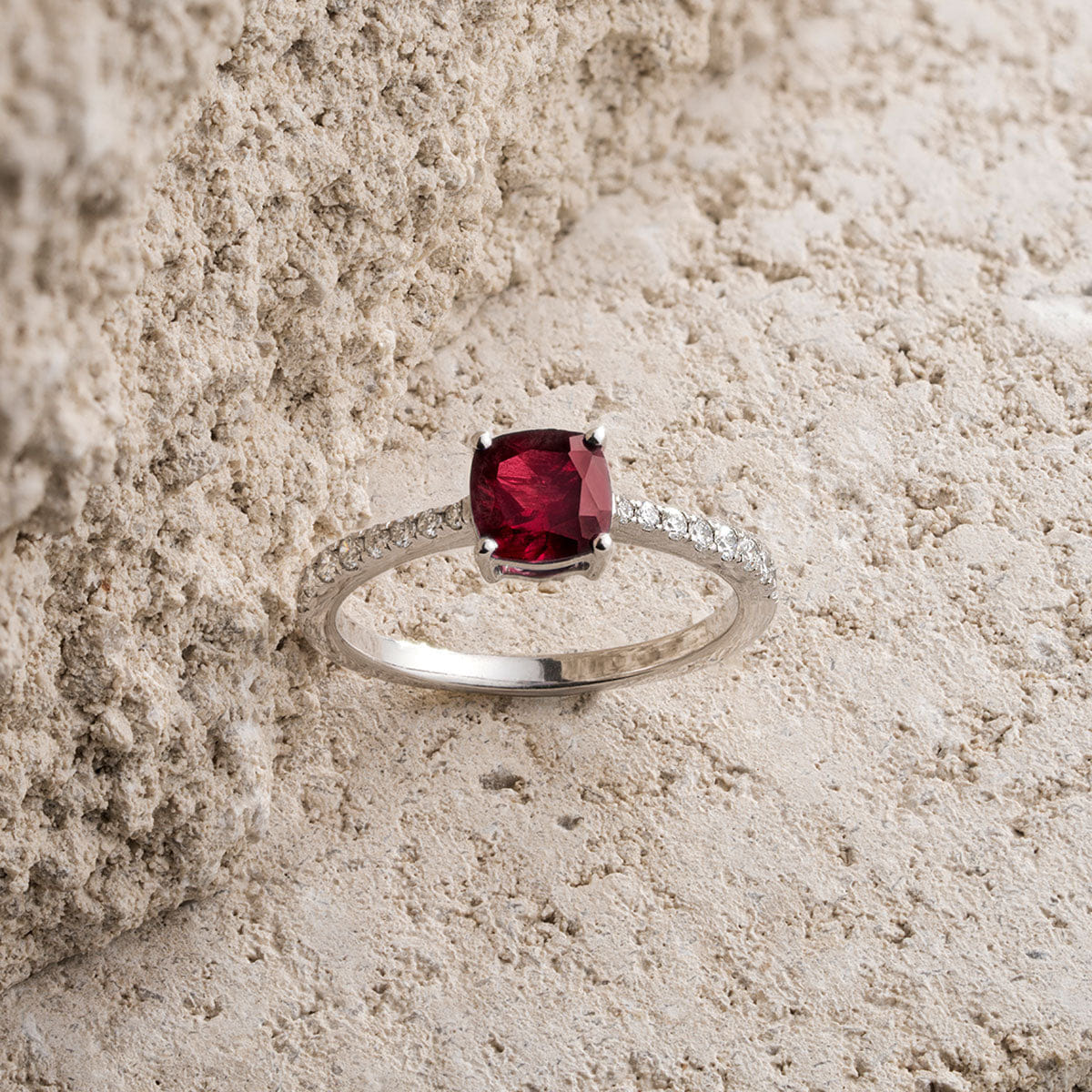 Diamond Astra 2.00ct Lab Ruby and Diamond Shoulder Set Cushion Cut Ring in Silver