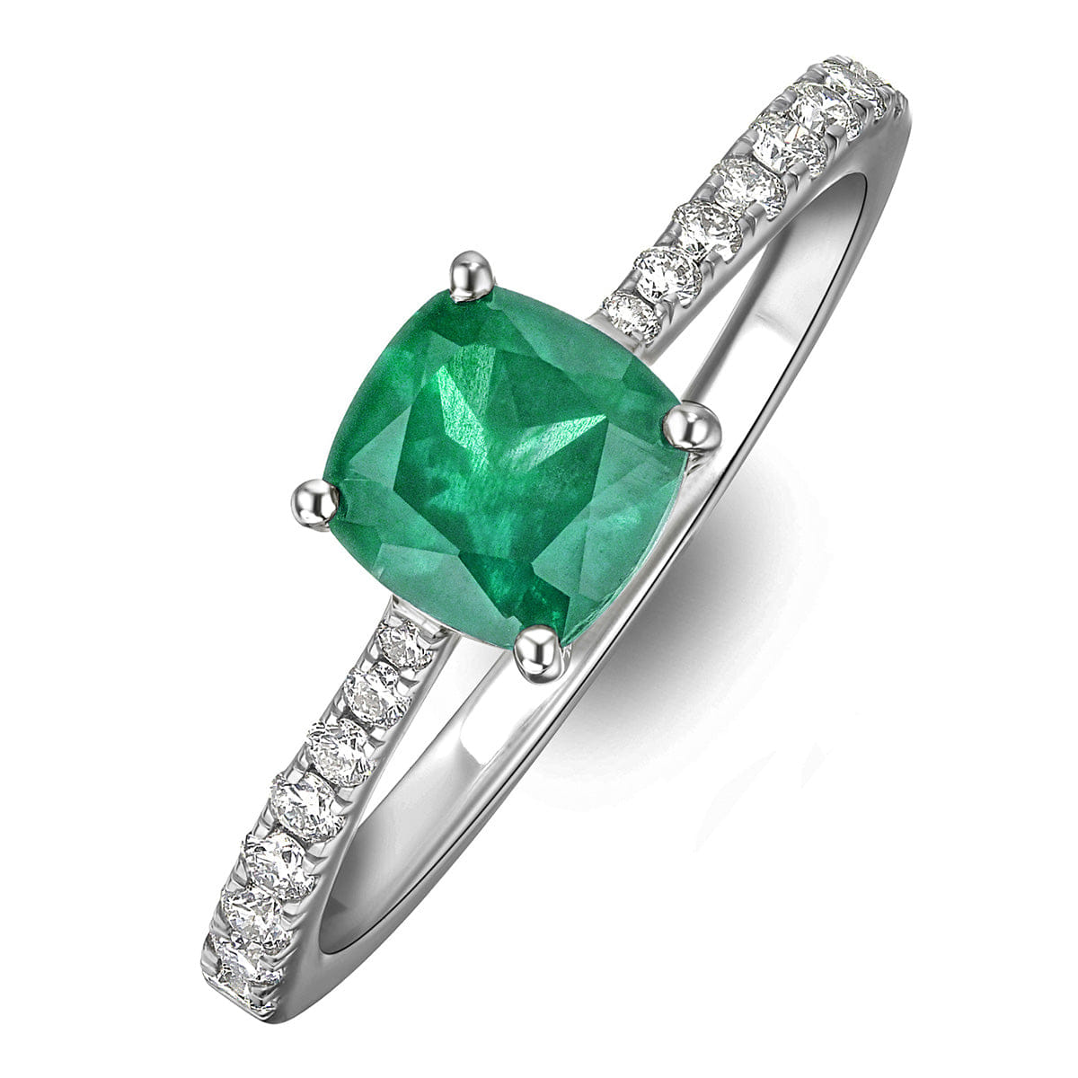 Diamond Astra 1.70ct Lab Emerald and Diamond Shoulder Set Cushion Cut Ring in Silver