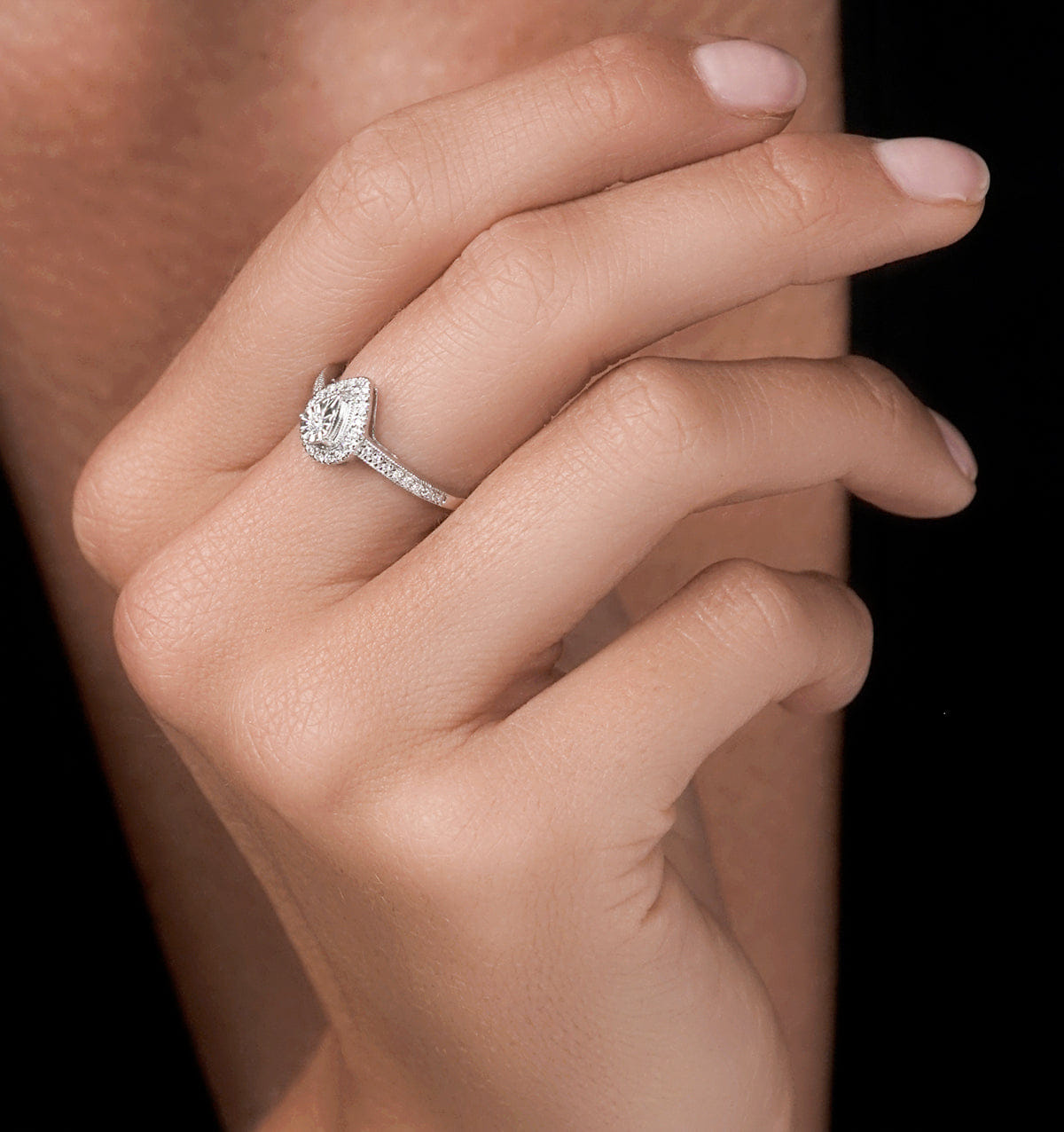 Diamond Masami Pear Shaped Pave Lab Diamond Engagement Ring 0.15ct 925 Sterling Silver