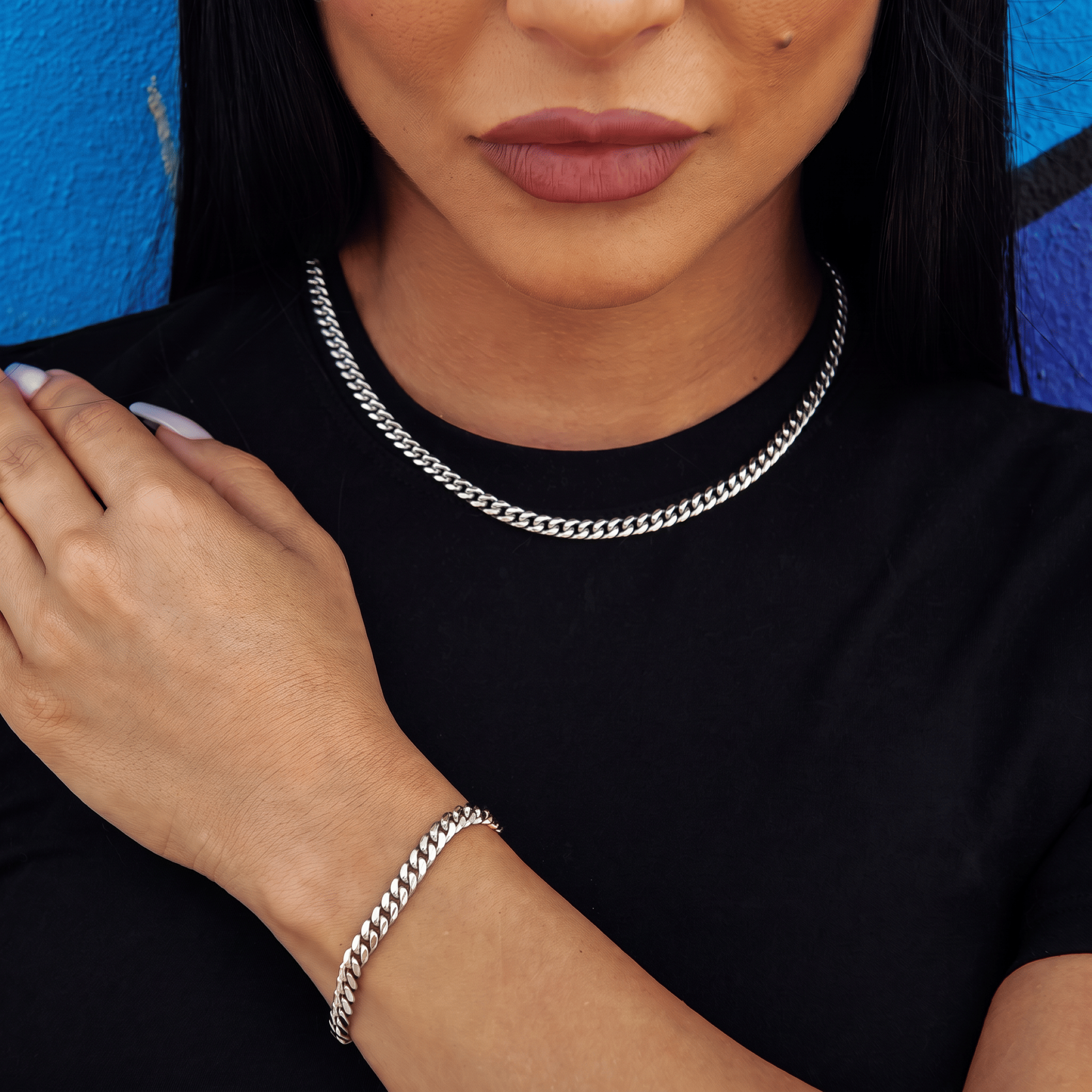 GLD PROMO SETS - WOMEN Miami Cuban Necklace + Bracelet Bundle in White Gold - 5 mm