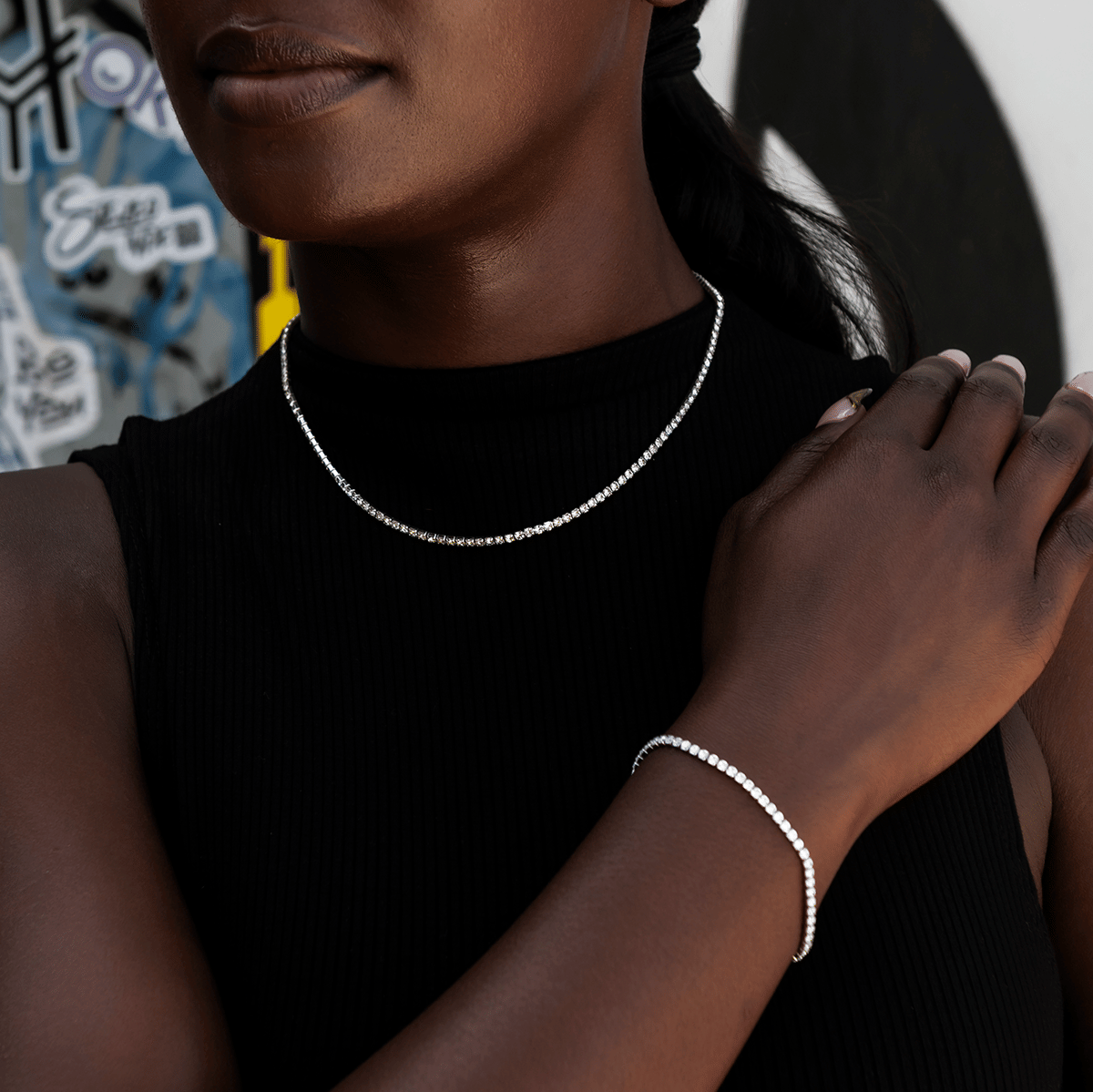 GLD PROMO SETS - WOMEN Micro Tennis Necklace + Bracelet Bundle in White Gold