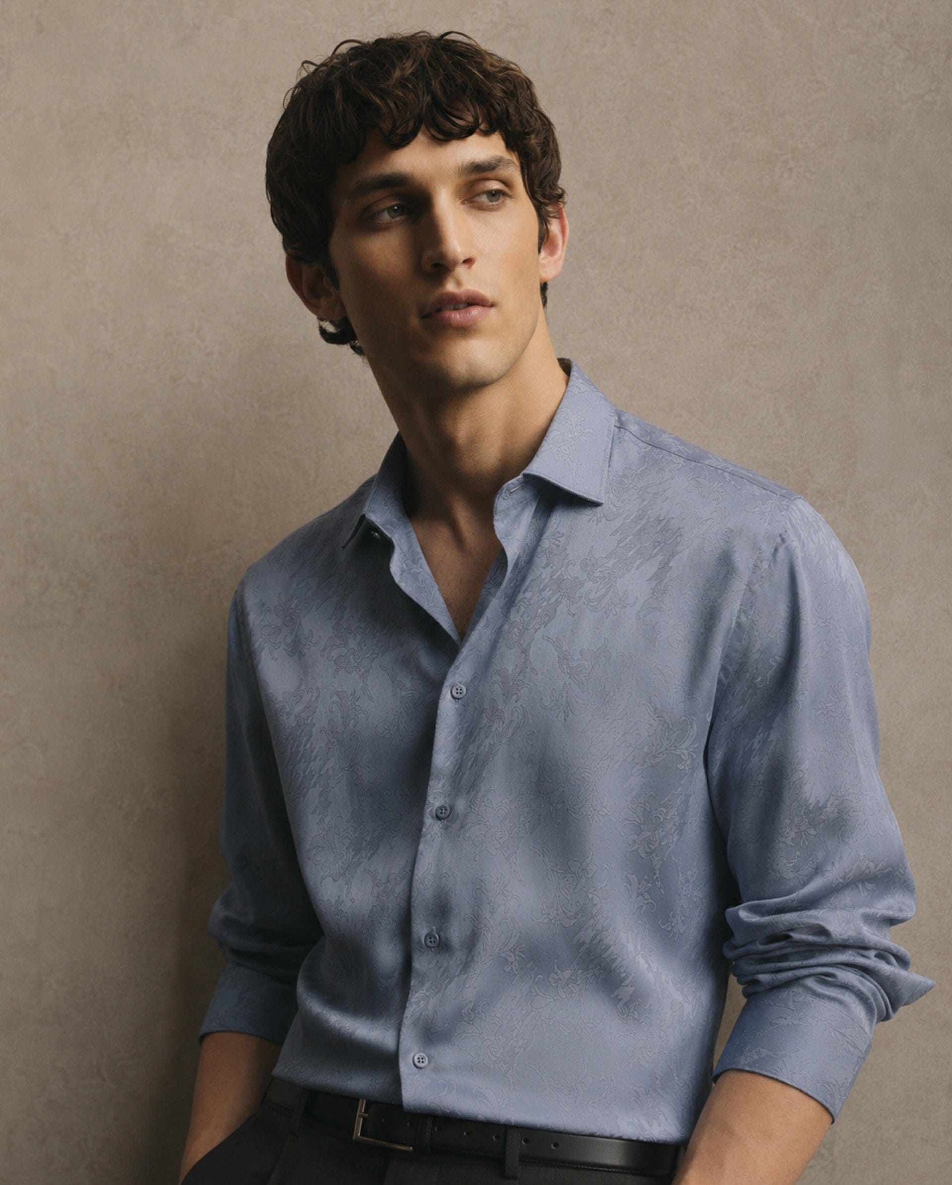 RARE Rabbit Men's Ember Dusky Purple Tencel Button Regular Fit Jacquard Shirt