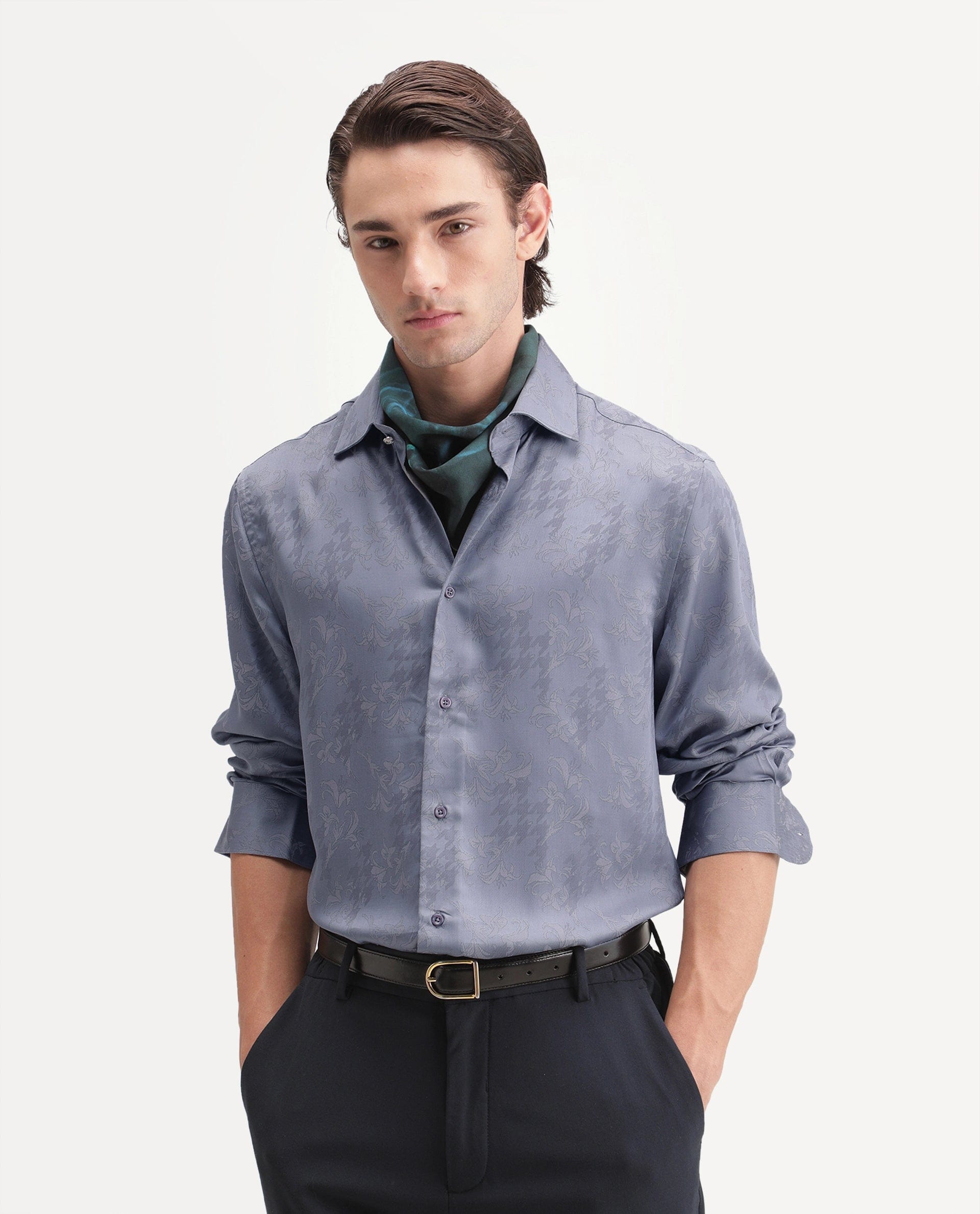 RARE Rabbit Men's Ember Dusky Purple Tencel Button Regular Fit Jacquard Shirt