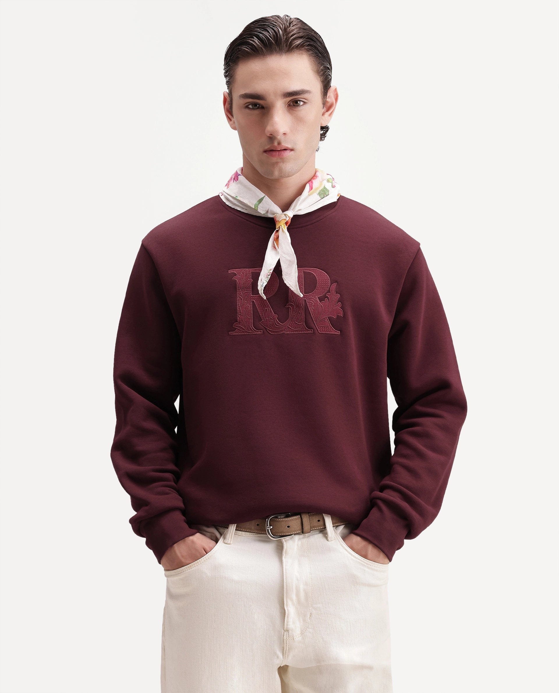 RARE Rabbit Men's Jonas Dark Maroon Cotton Blend Crew Neck Regular Embroidered Sweatshirt