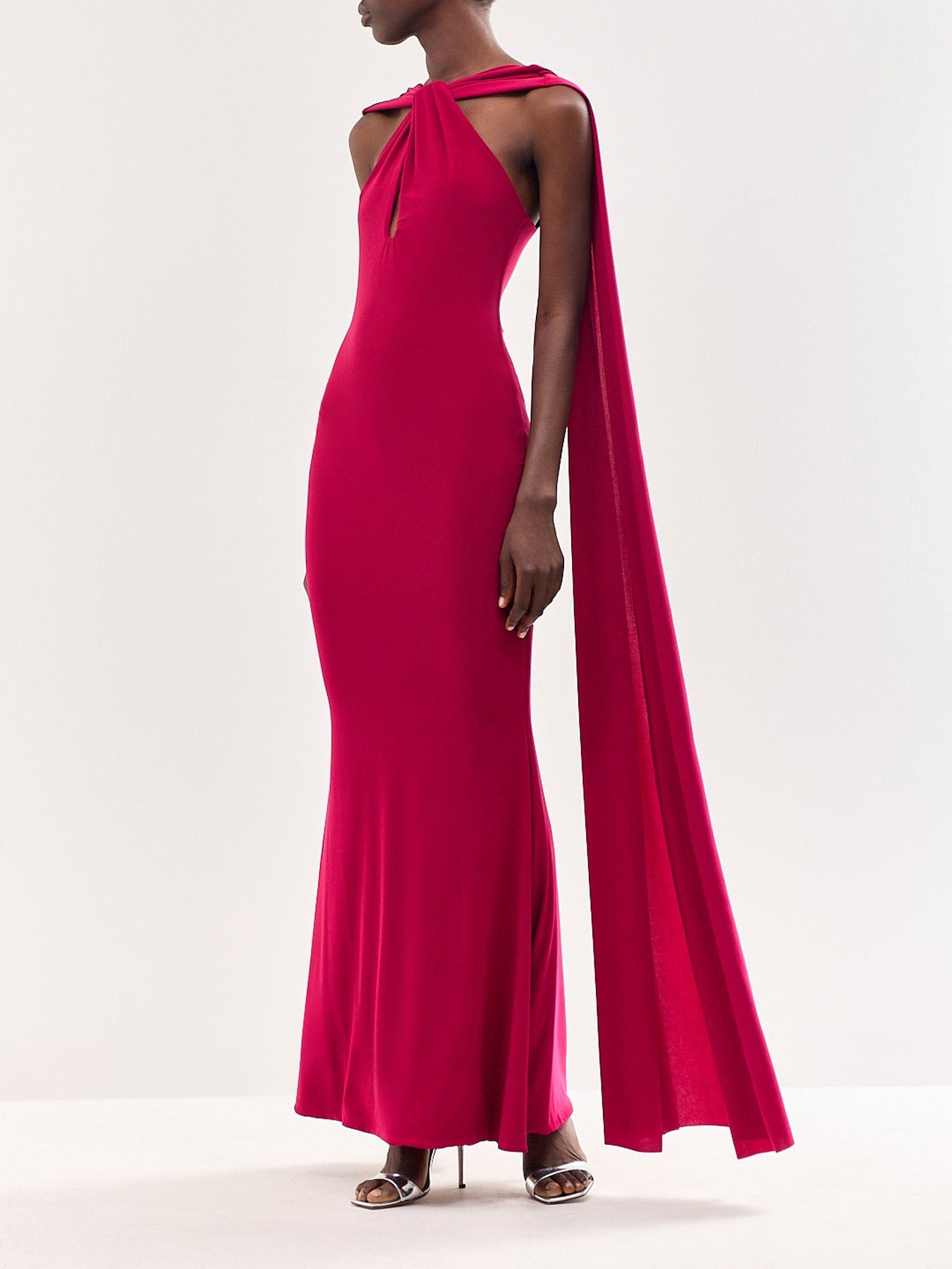 Club L London Rhoda Twist Halterneck Cape Maxi Dress Burgundy