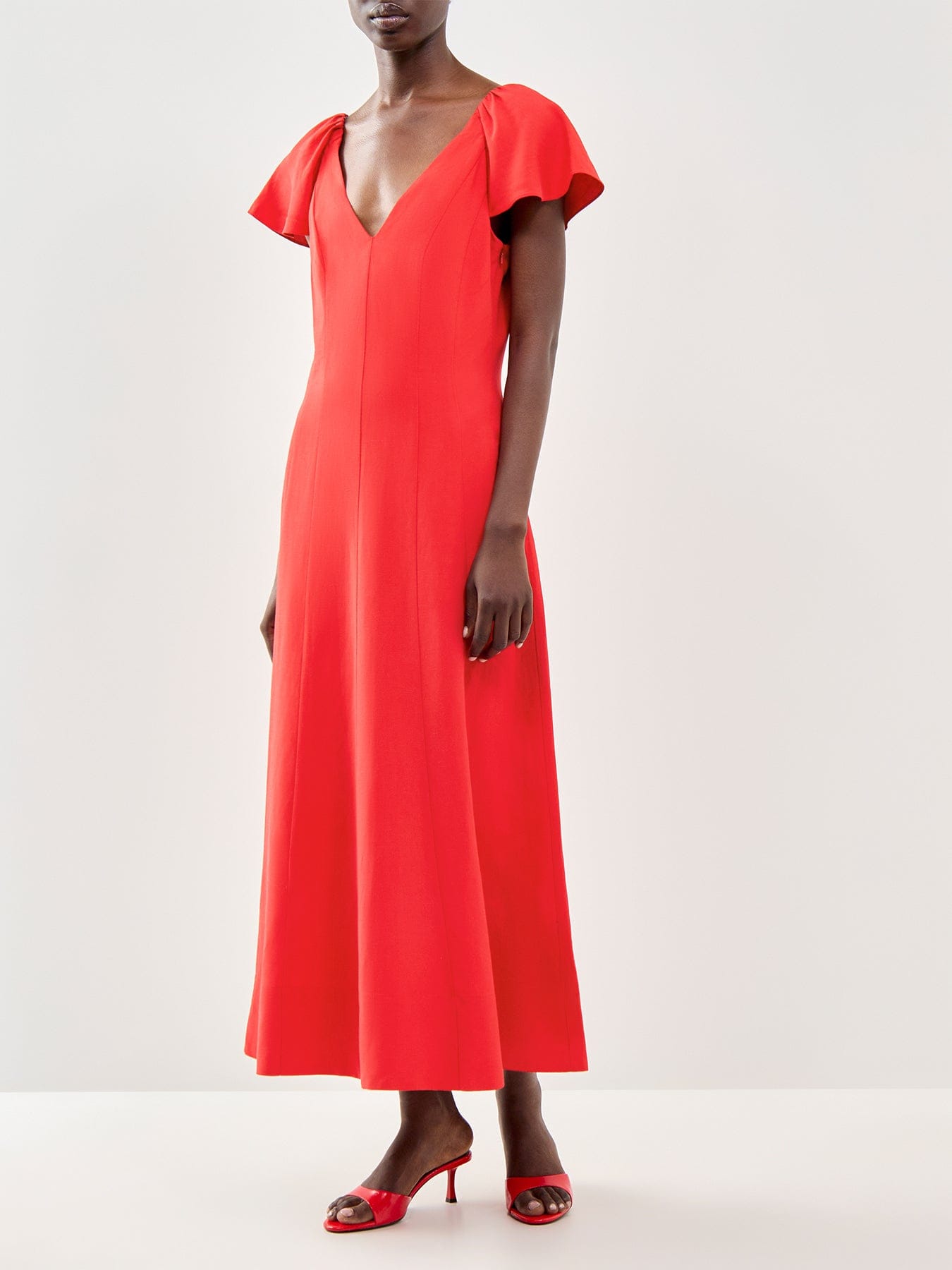Ro and Zo Red Flutter Sleeve Linen Blend Dress Red