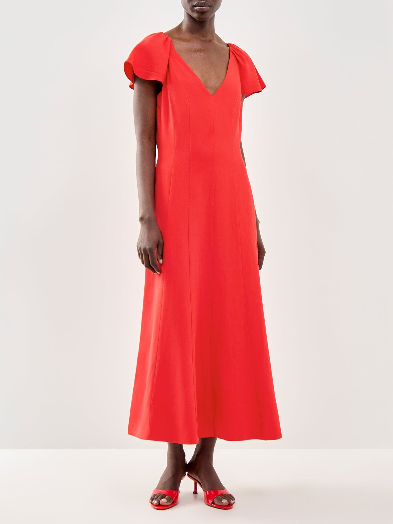 Ro and Zo Red Flutter Sleeve Linen Blend Dress Red