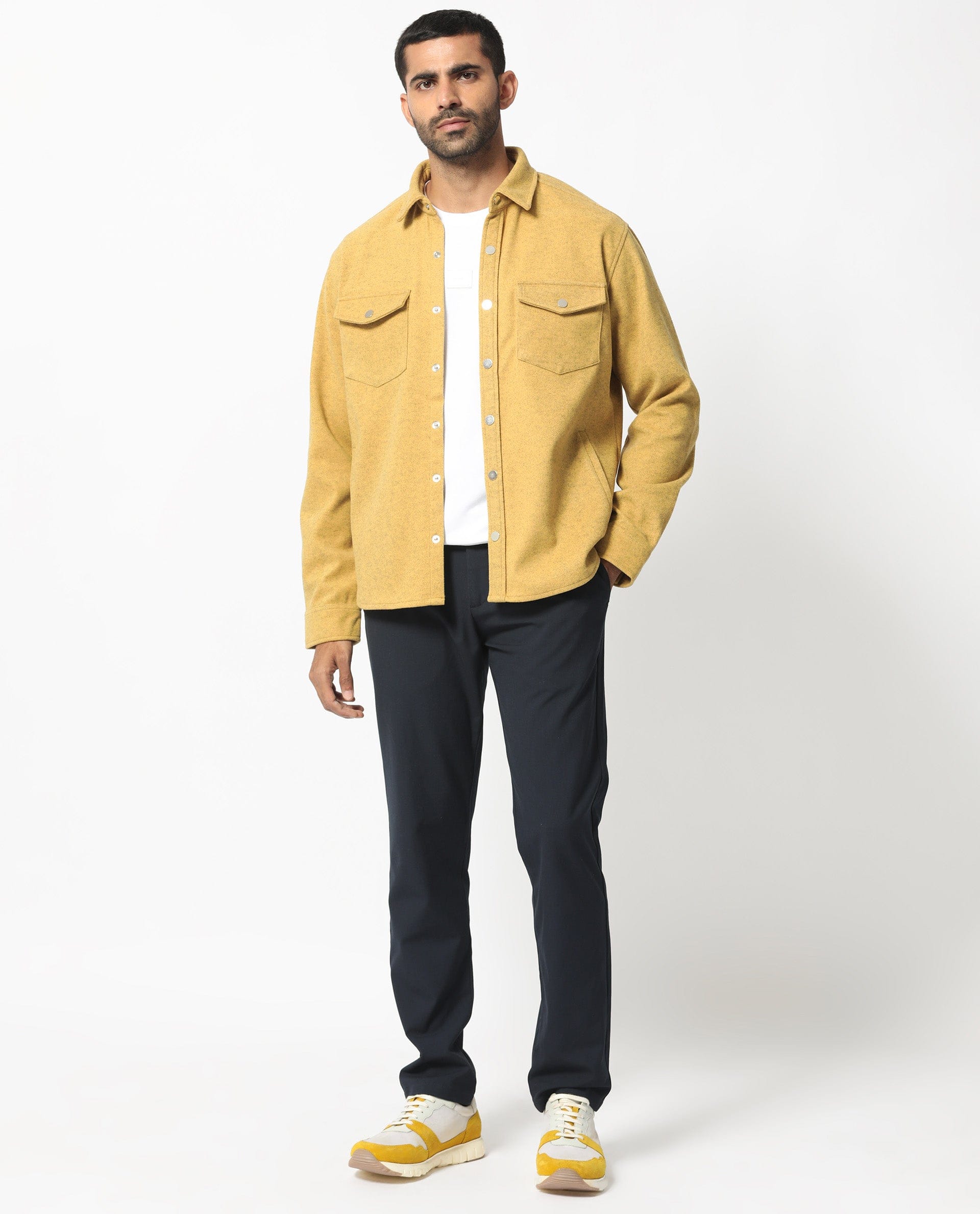 RARE Rabbit Men's Cason Yellow Polyester Plain Regular Fit Full Sleeve Spread Collar Jacket