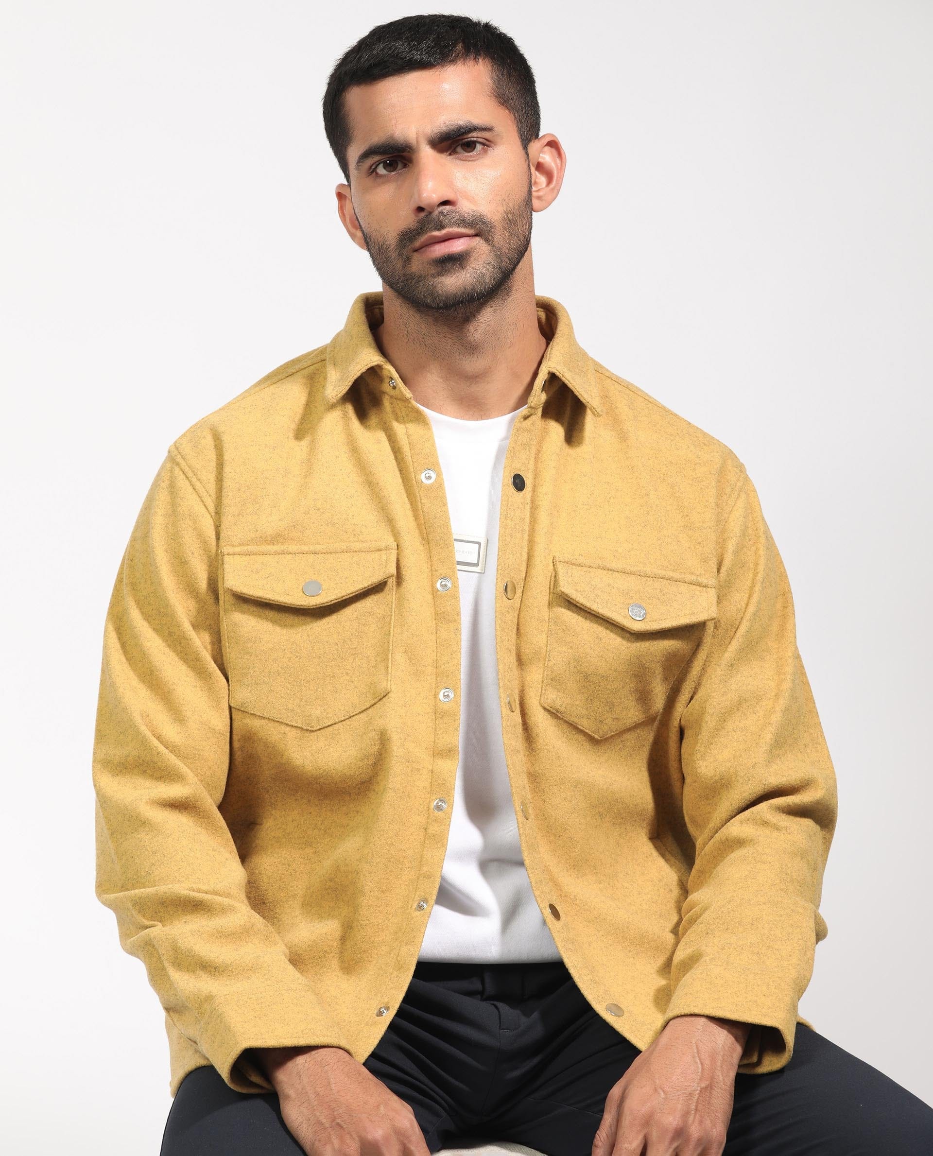 RARE Rabbit Men's Cason Yellow Polyester Plain Regular Fit Full Sleeve Spread Collar Jacket