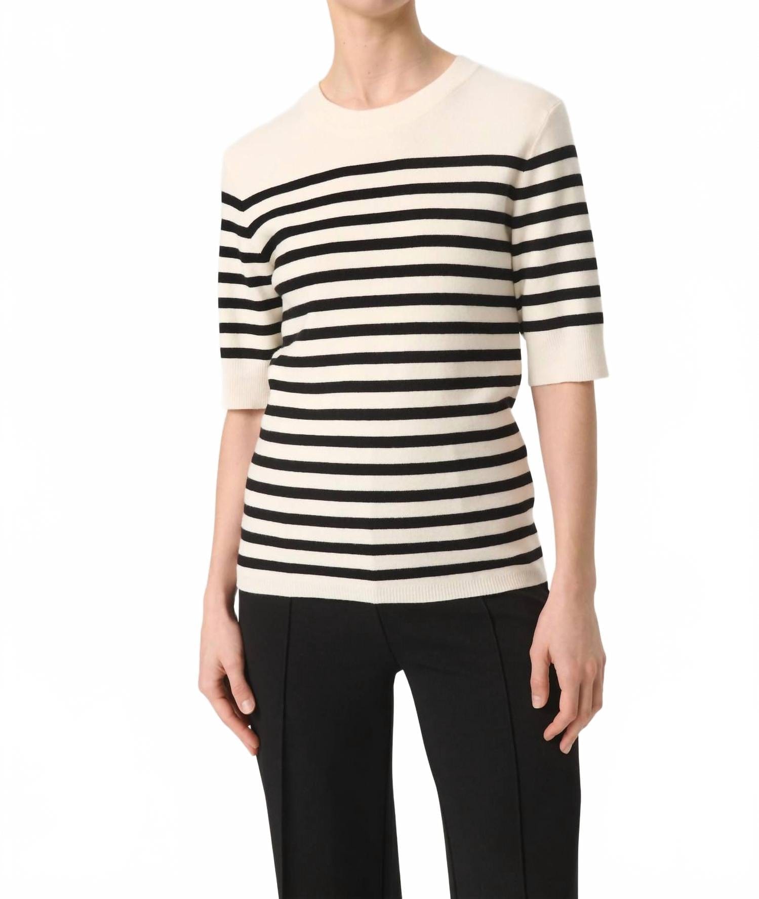 WHITE* Spina Slim Fit Crew Neck Pullover Sweater In White With Black Stripe