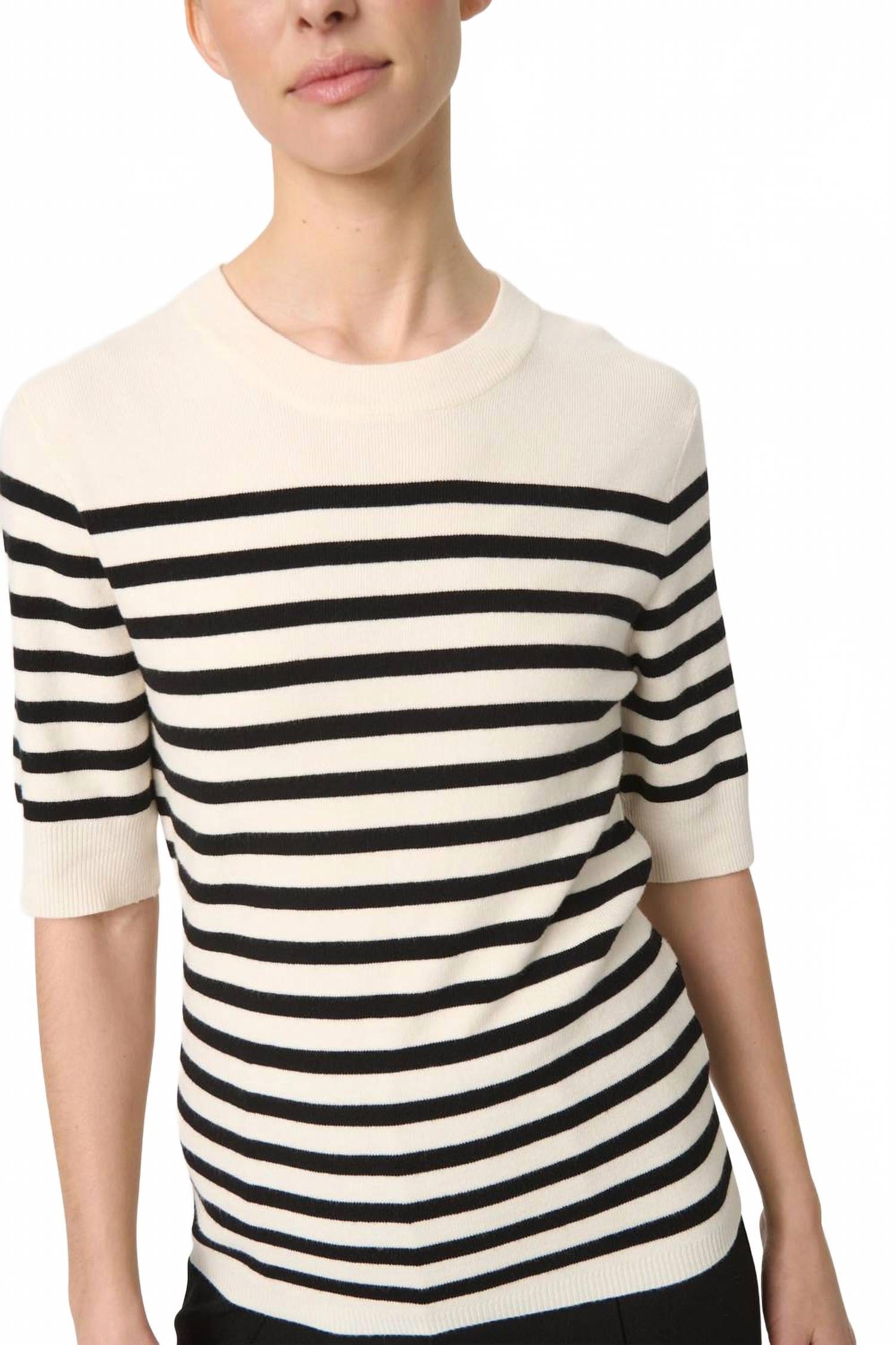 WHITE* Spina Slim Fit Crew Neck Pullover Sweater In White With Black Stripe