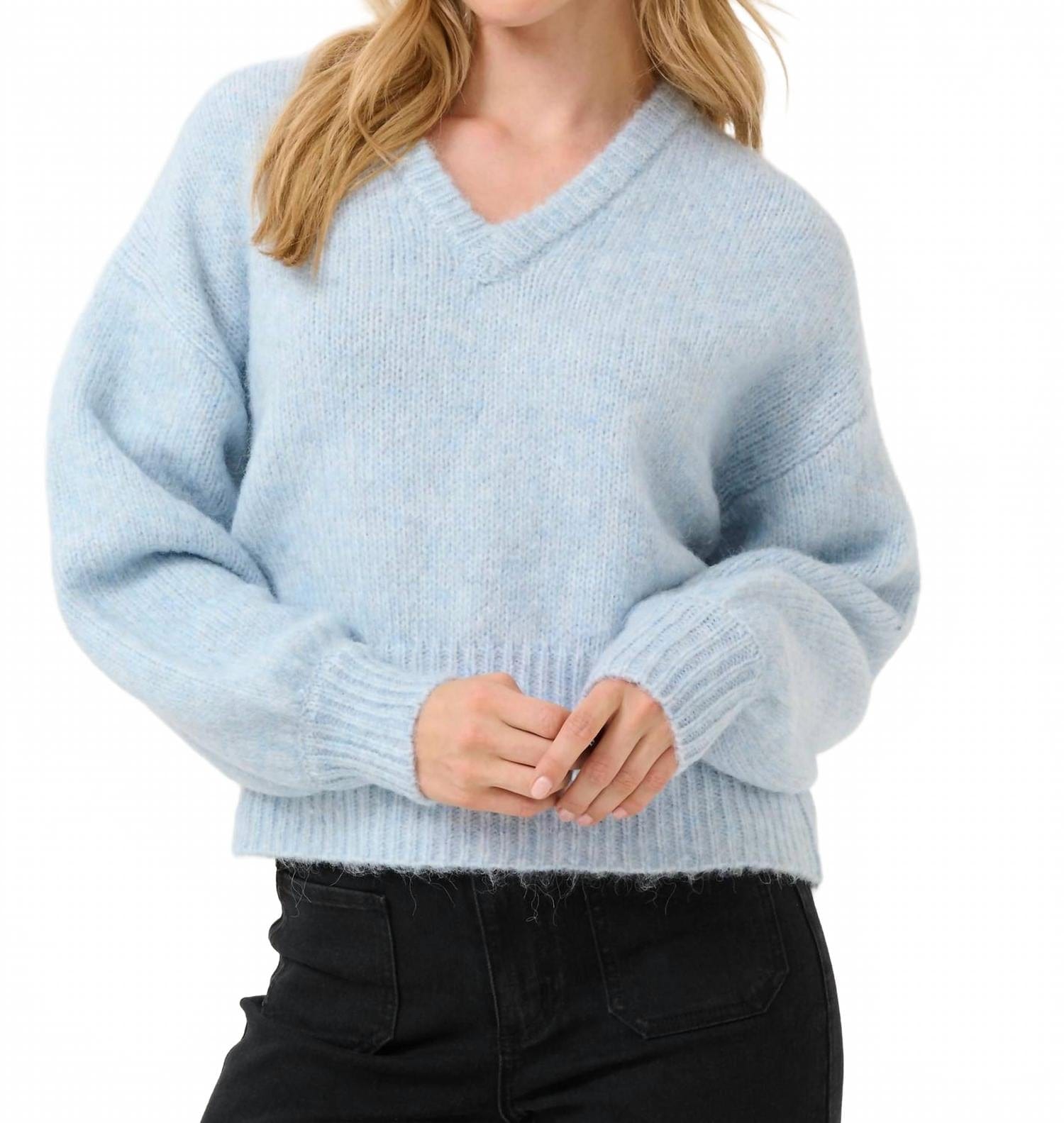 Blue Katrina V - Neck Casual Fit Pullover Sweater In Light Blue Melange