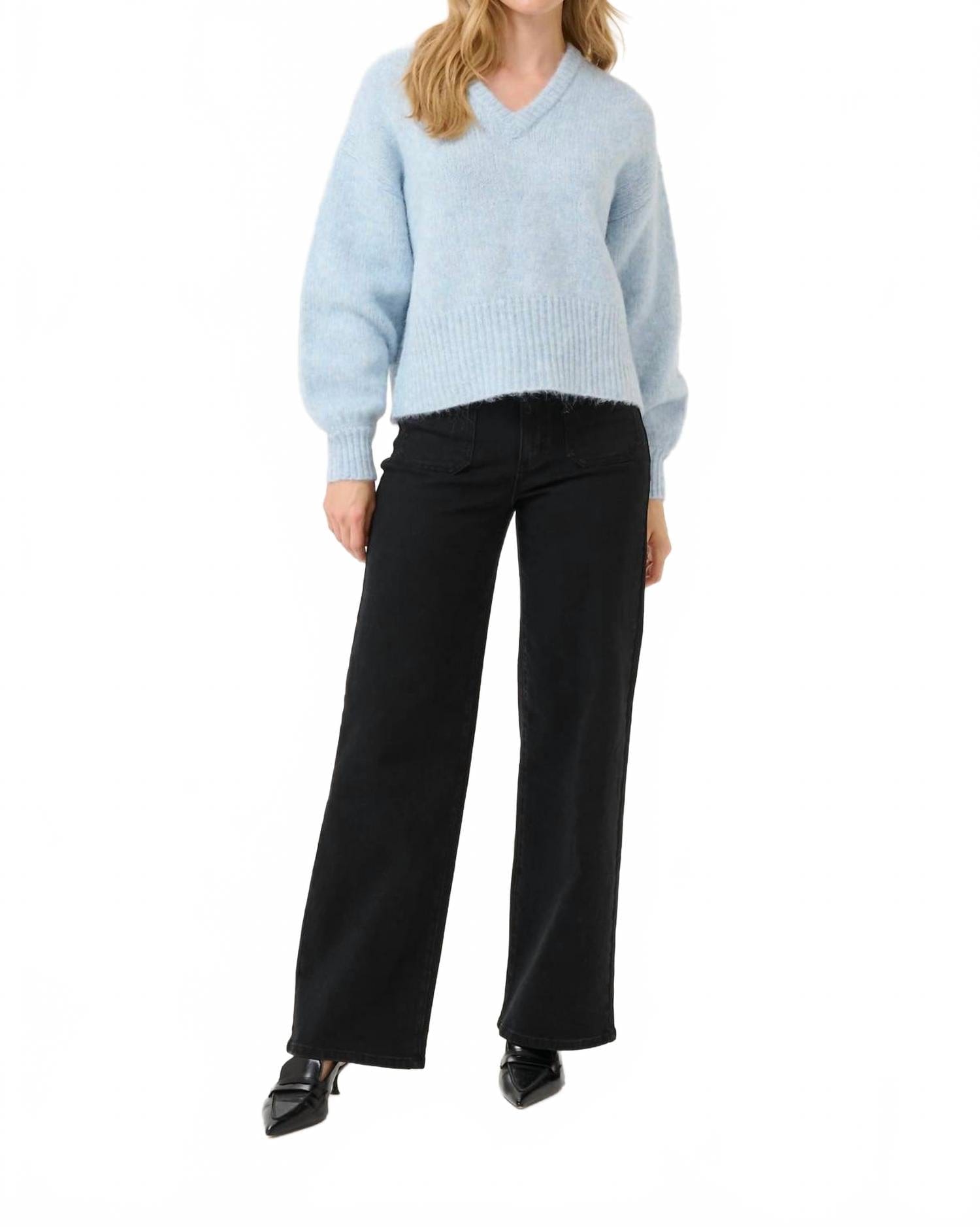 Blue Katrina V - Neck Casual Fit Pullover Sweater In Light Blue Melange