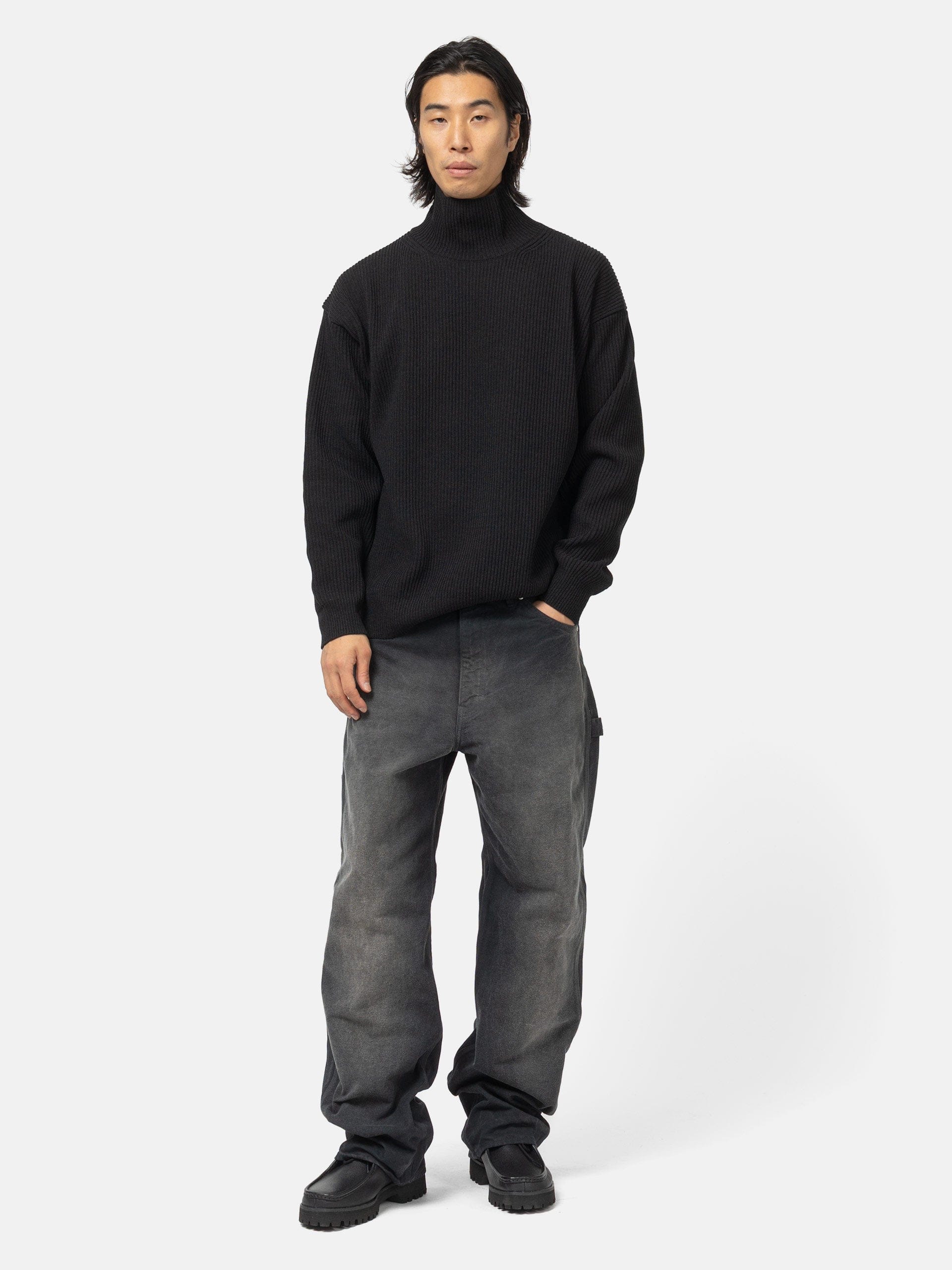Auralee Super Fine Wool Rib Knit Turtle Neck Black