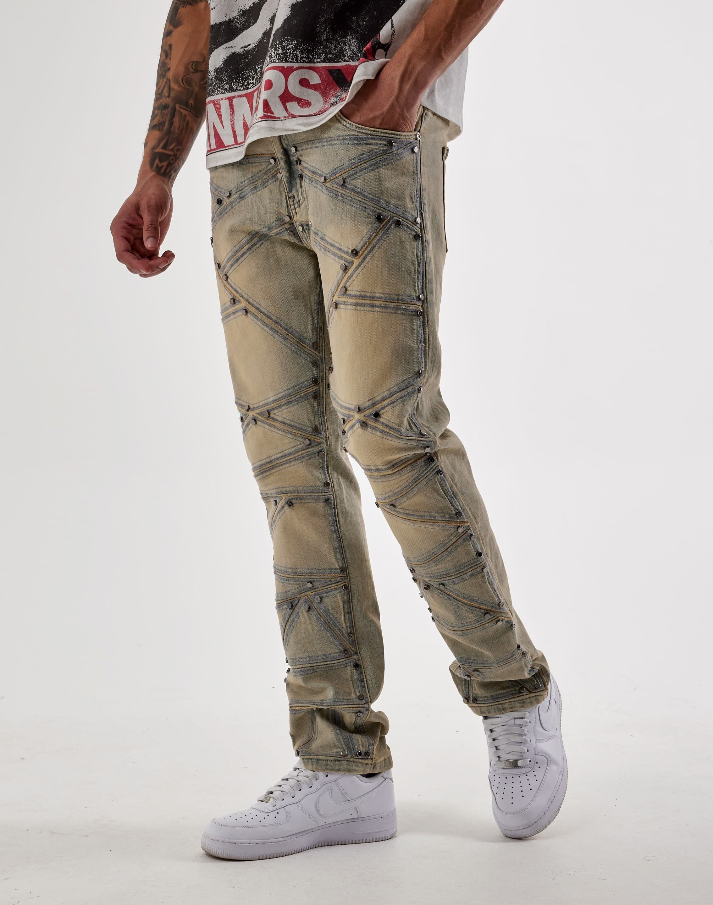 Waimea Geometric Stitch Studded Denim Jeans