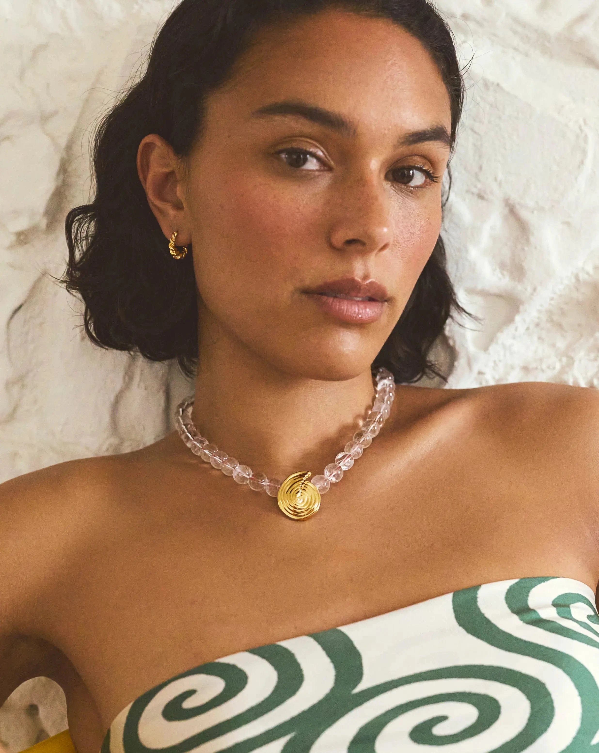 Missoma Spiral Gemstone Beaded Pendant Necklace | 18ct Gold Plated/Clear Crystal Quartz