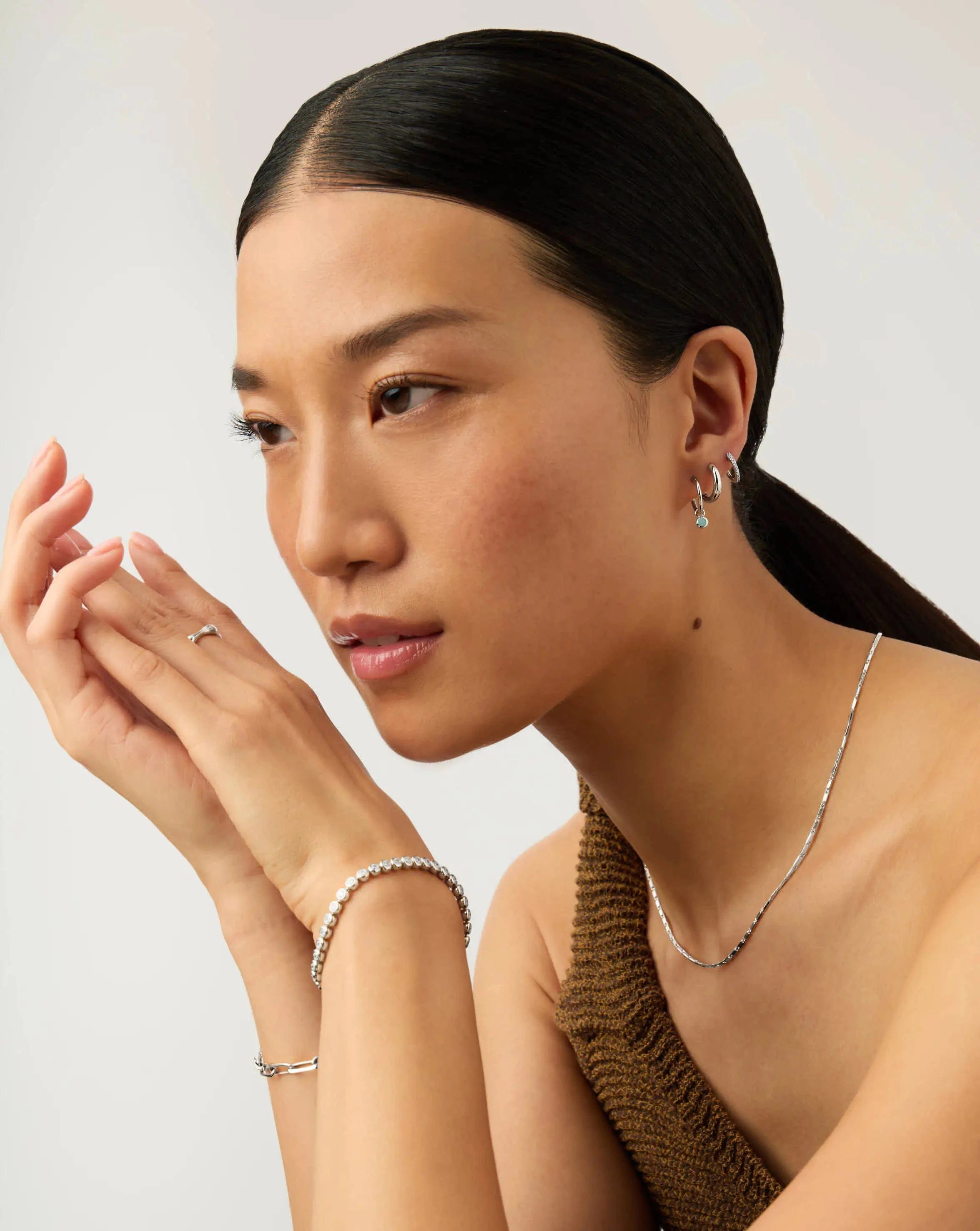 Missoma March Birthstone Mini Charm Hoop Earrings | Sterling Silver/Milky Aquamarine