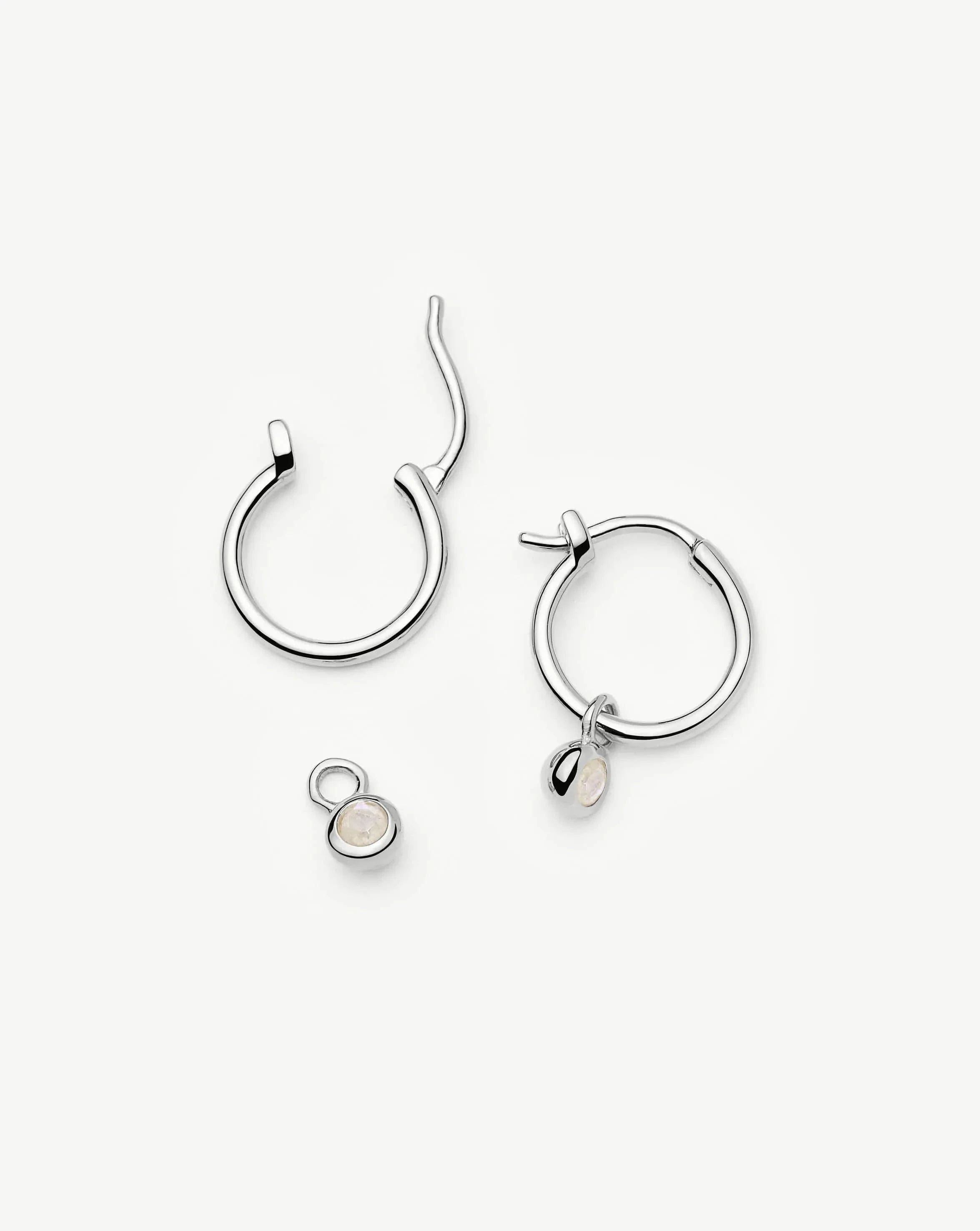 Missoma June Birthstone Mini Charm Hoop Earrings | Sterling Silver/Rainbow Moonstone