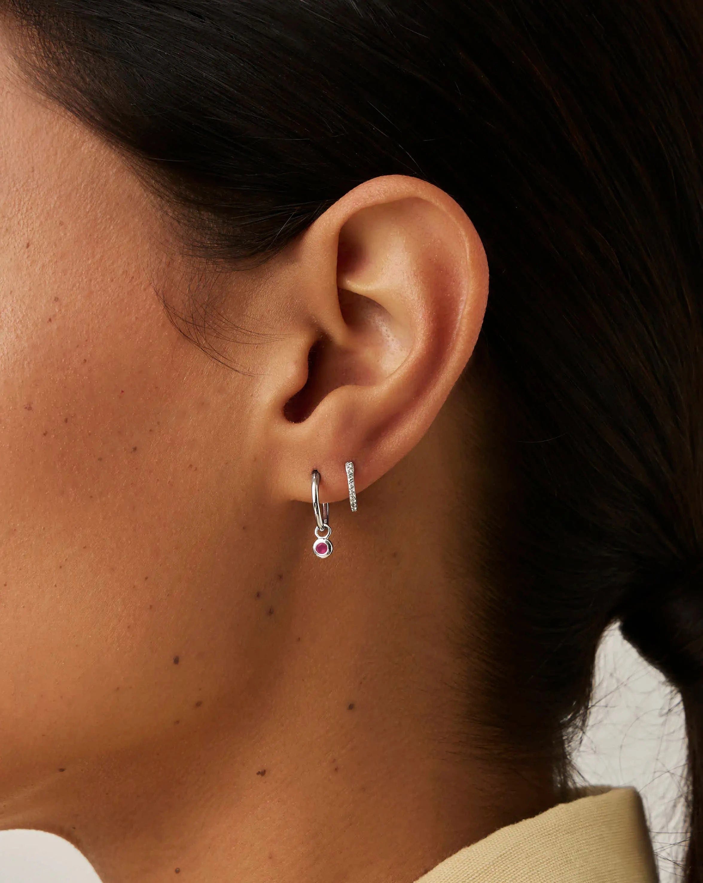Missoma October Birthstone Mini Charm Hoop Earrings | Sterling Silver/Pink Tourmaline
