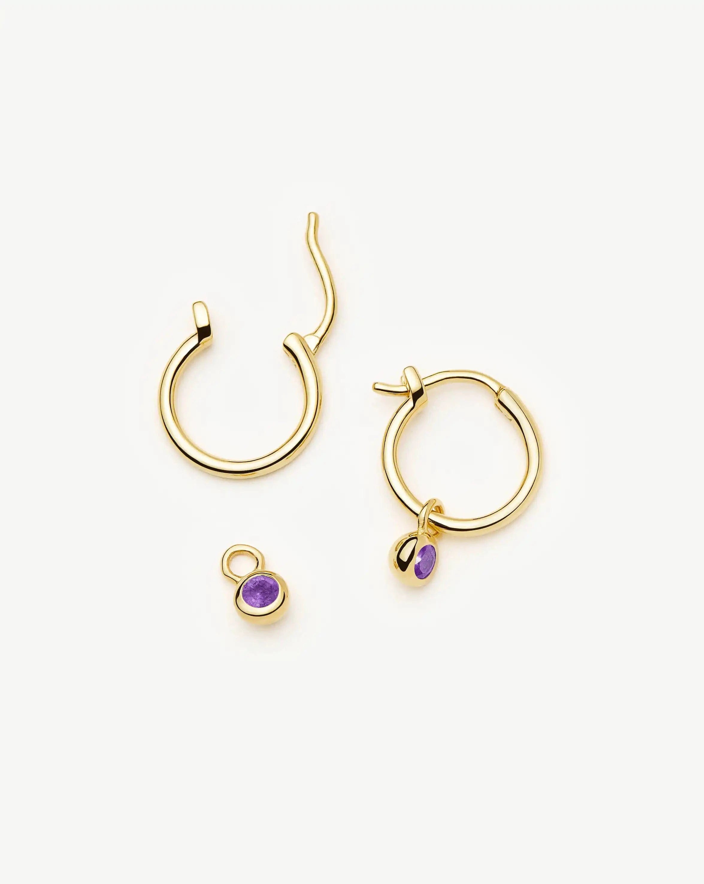 Missoma February Birthstone Mini Charm Hoop Earrings | 18ct Gold Vermeil/Amethyst