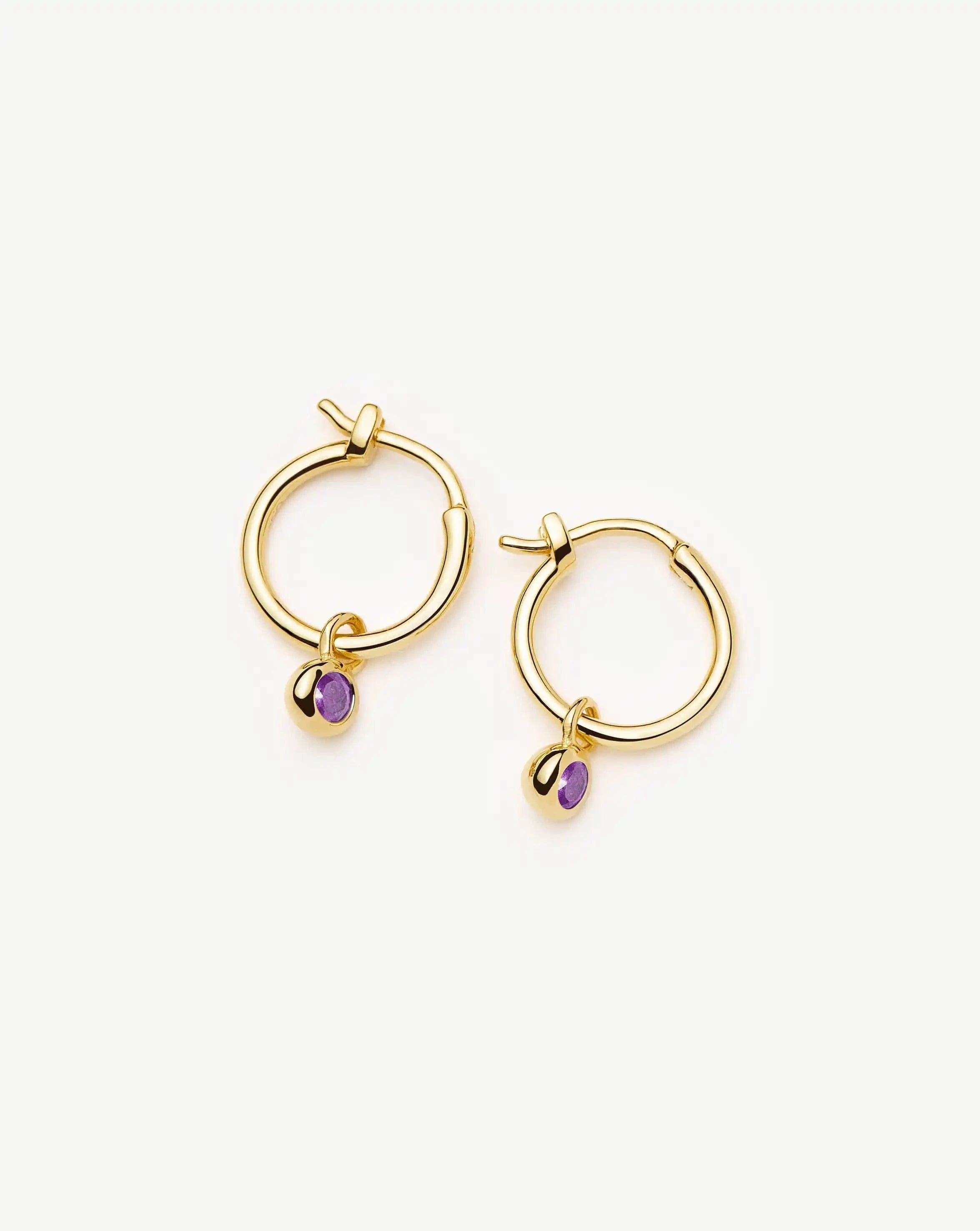 Missoma February Birthstone Mini Charm Hoop Earrings | 18ct Gold Vermeil/Amethyst