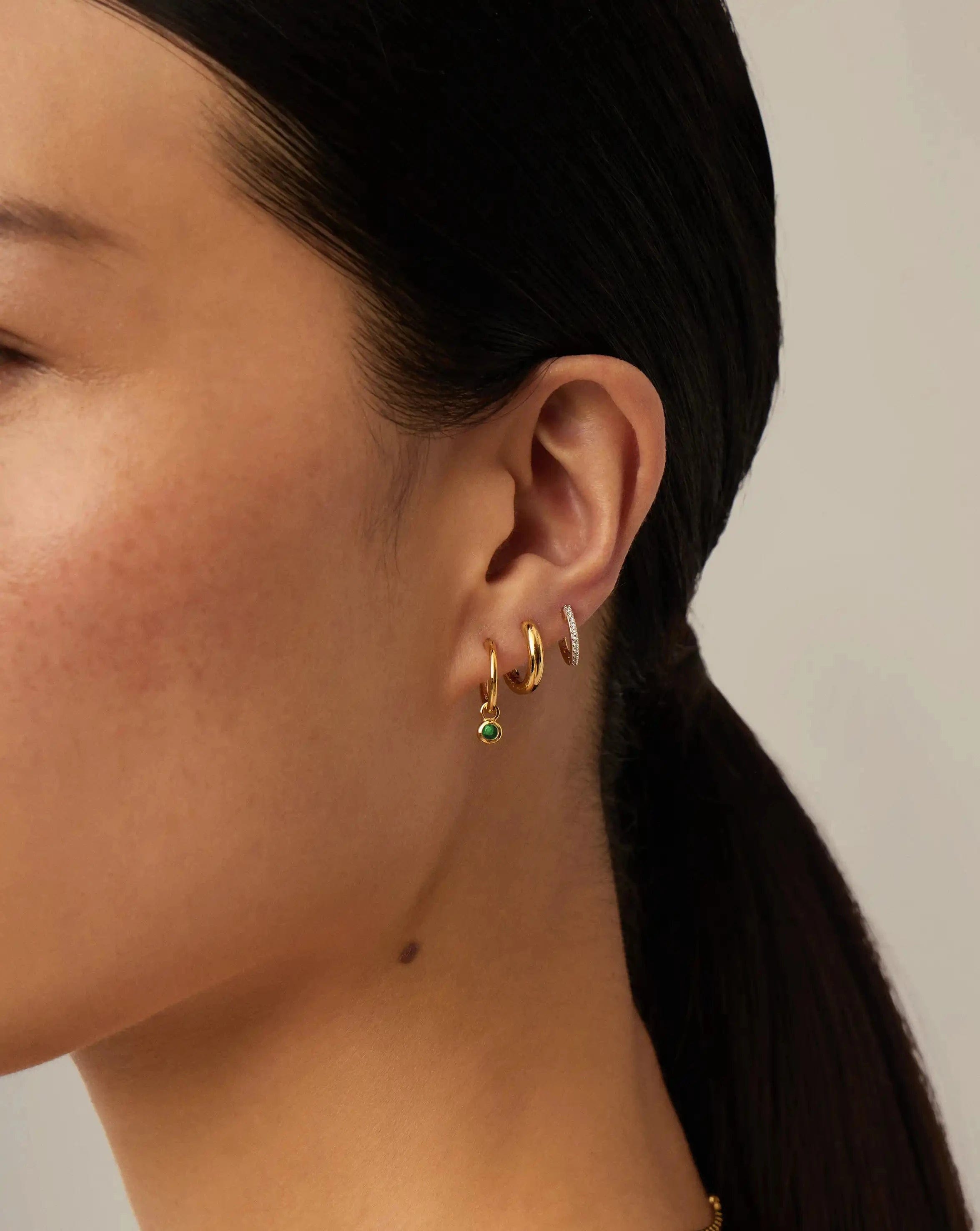 Missoma May Birthstone Mini Charm Hoop Earrings | 18ct Gold Vermeil/Green Onyx