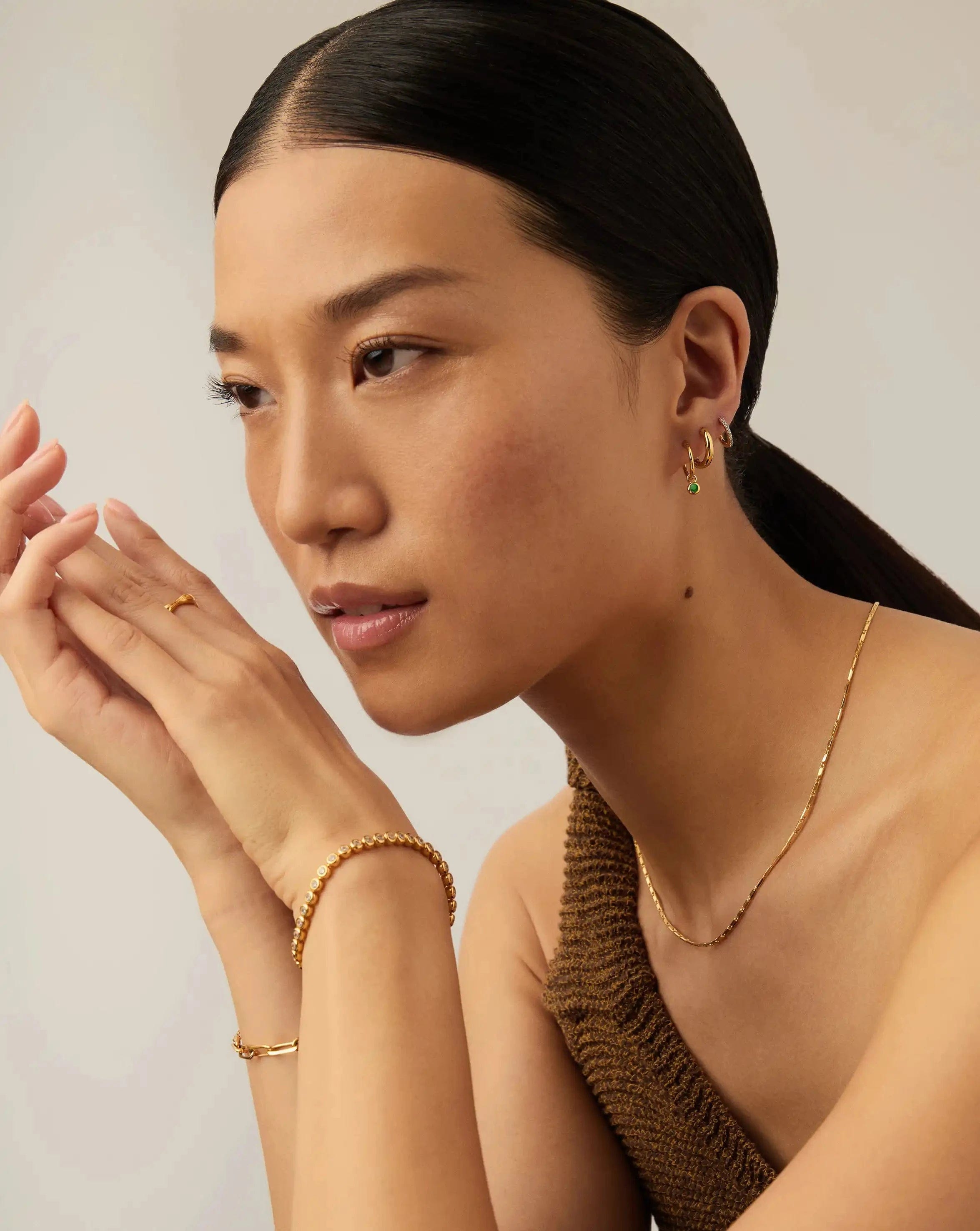 Missoma May Birthstone Mini Charm Hoop Earrings | 18ct Gold Vermeil/Green Onyx