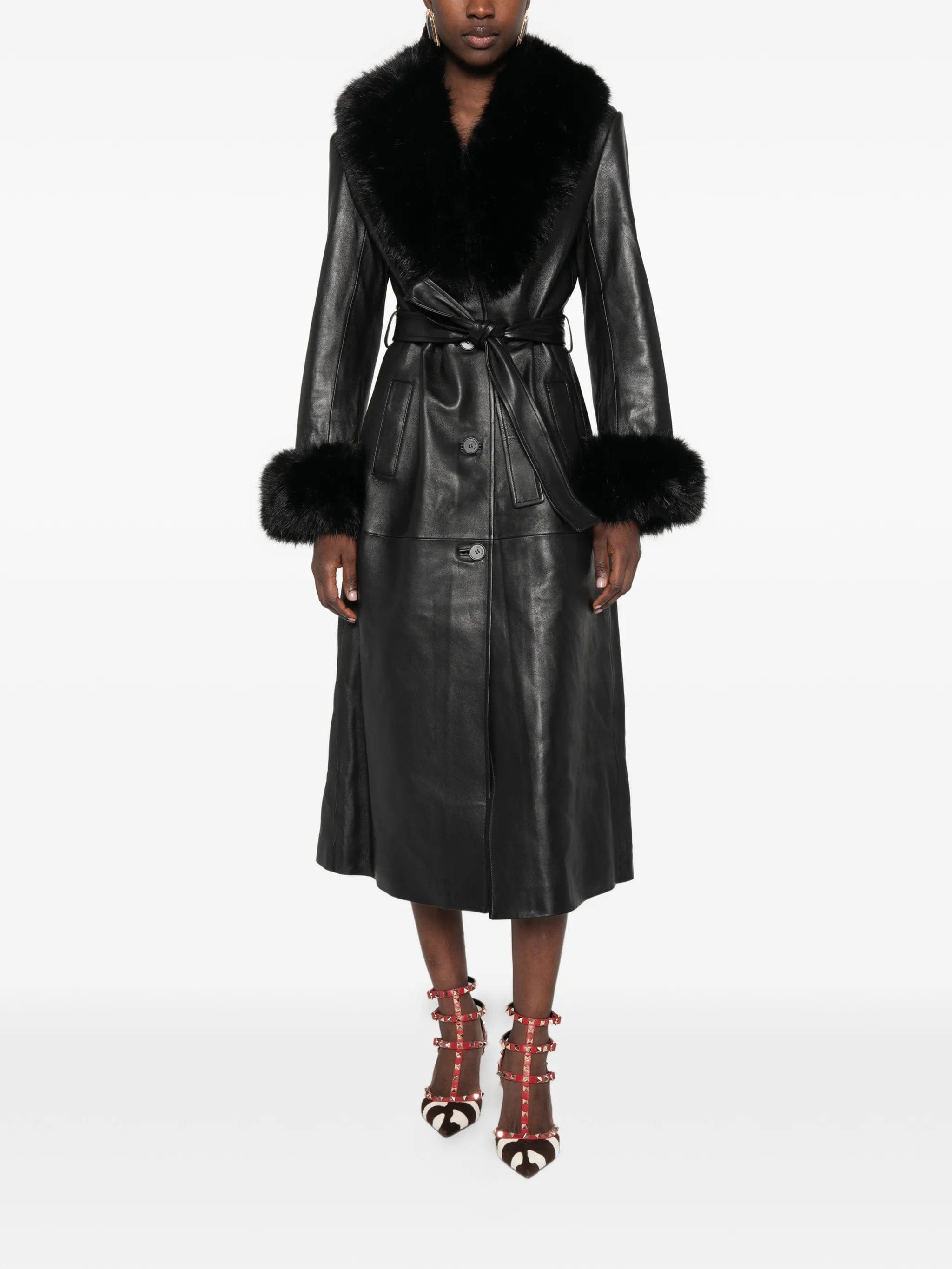Self-Portrait faux fur - collared belted coat