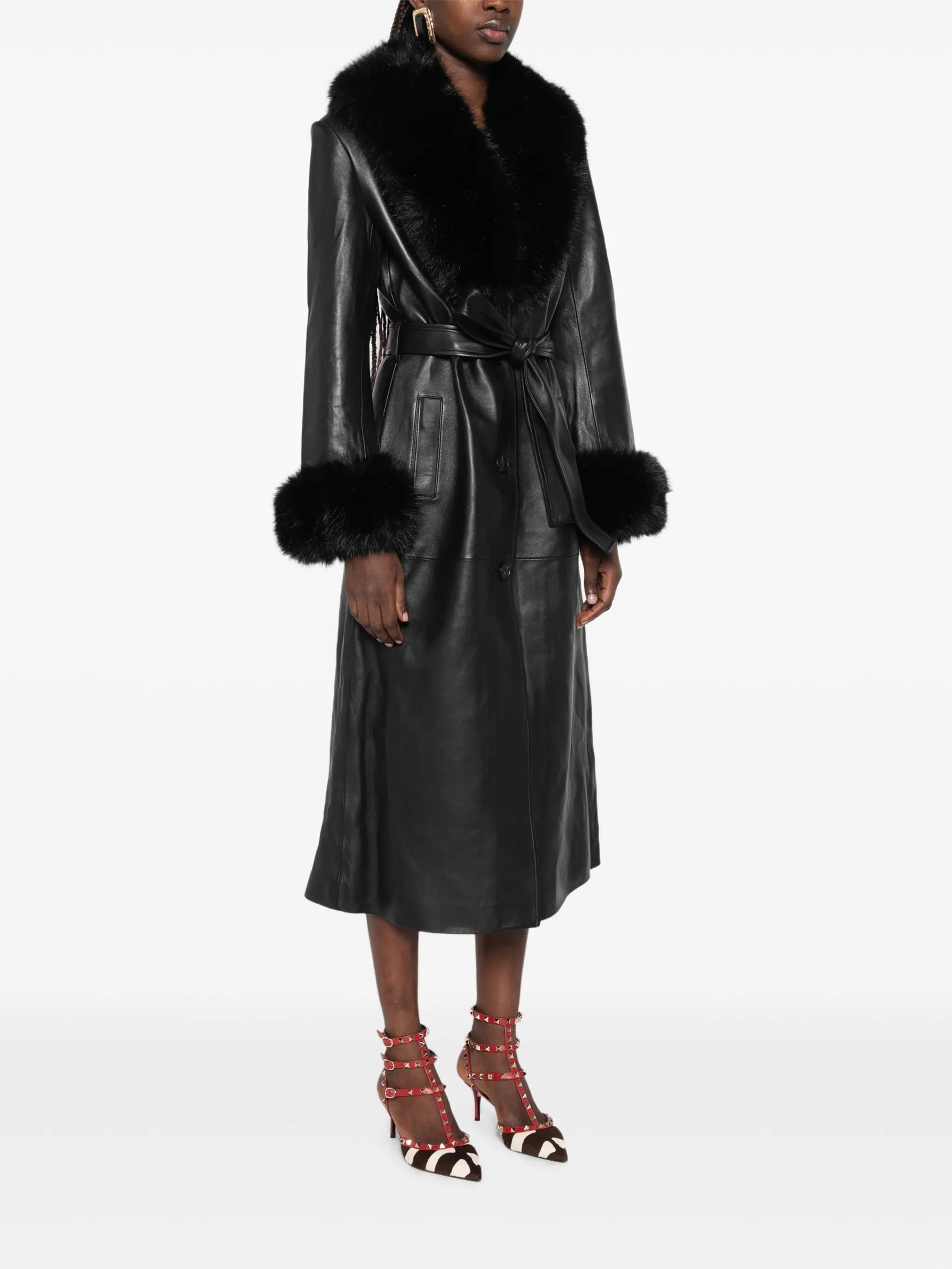 Self-Portrait faux fur - collared belted coat