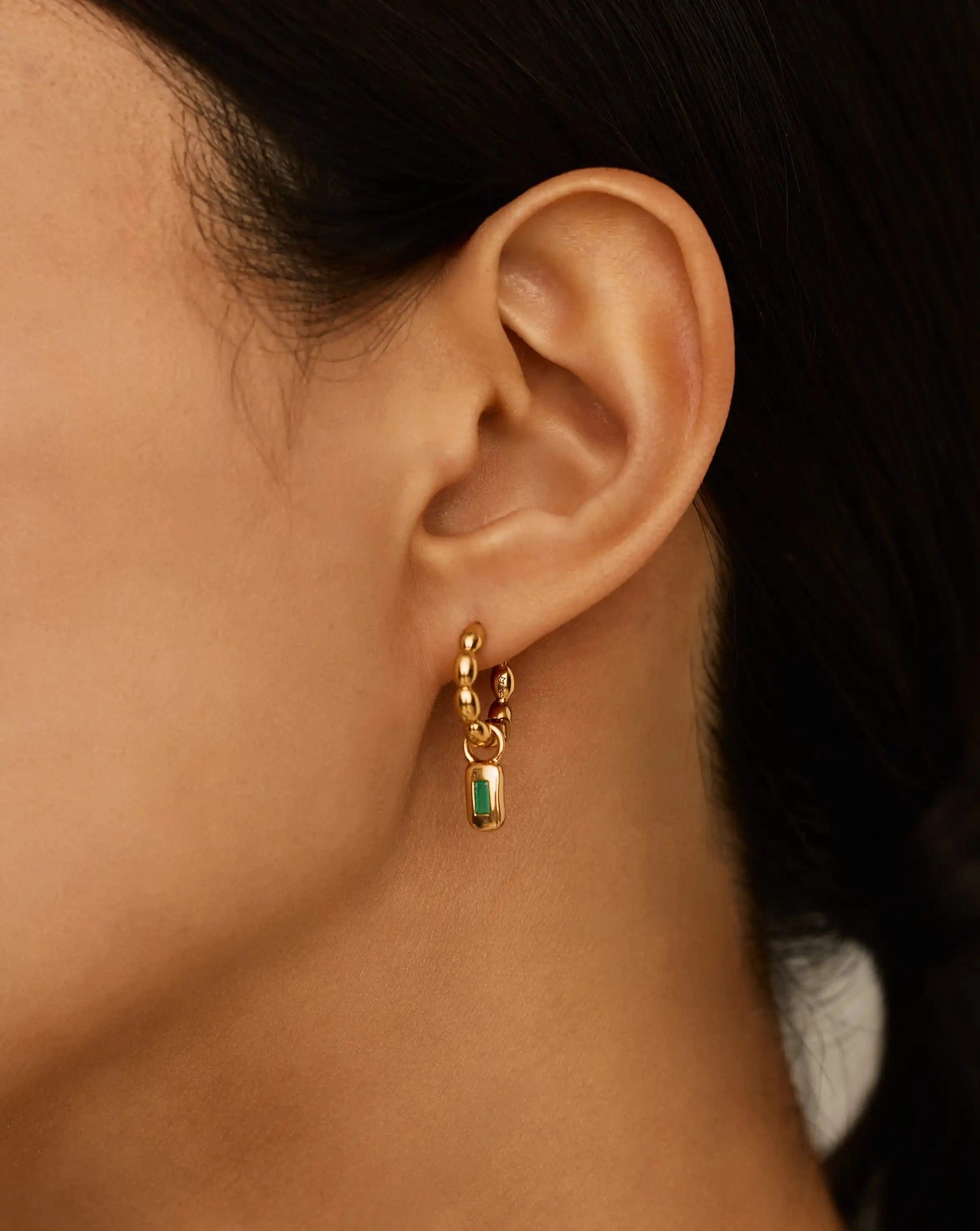 Missoma Molten Gemstone Charm Hoop Earrings | 18ct Gold Plated/Green Onyx