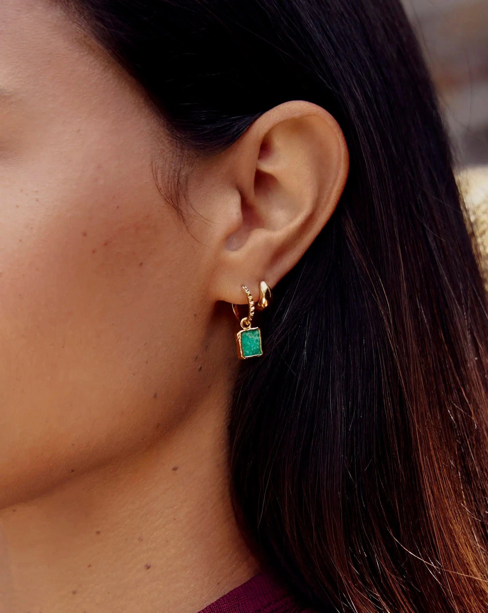 Missoma Mini Pyramid Charm Hoop Earrings | 18ct Gold Vermeil/Amazonite