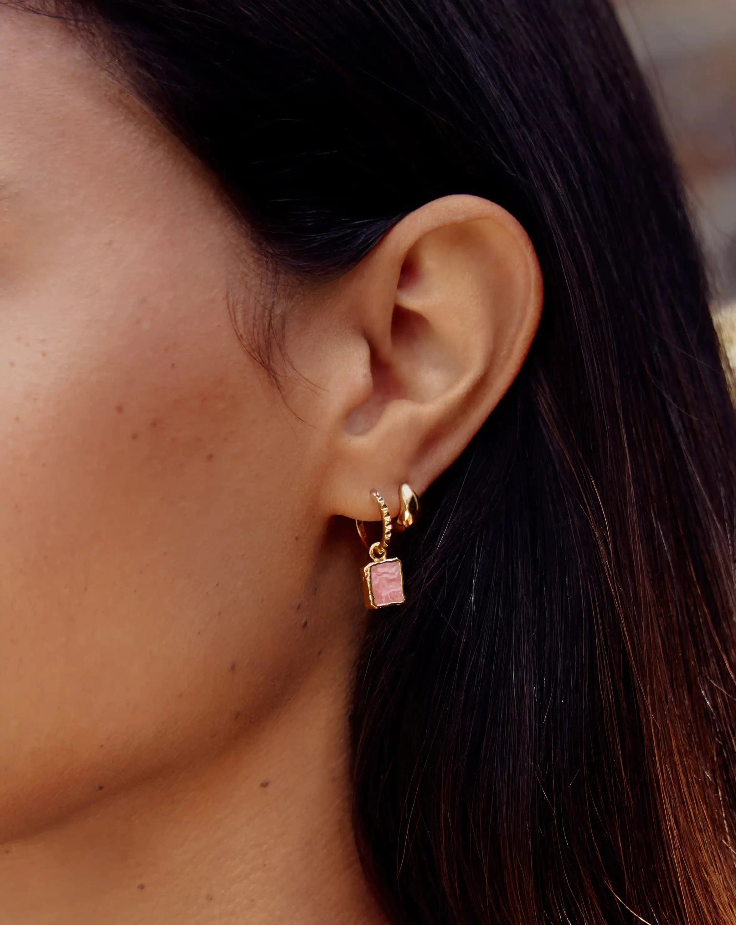 Missoma Mini Pyramid Charm Hoop Earrings | 18ct Gold Vermeil/Rhodochrosite