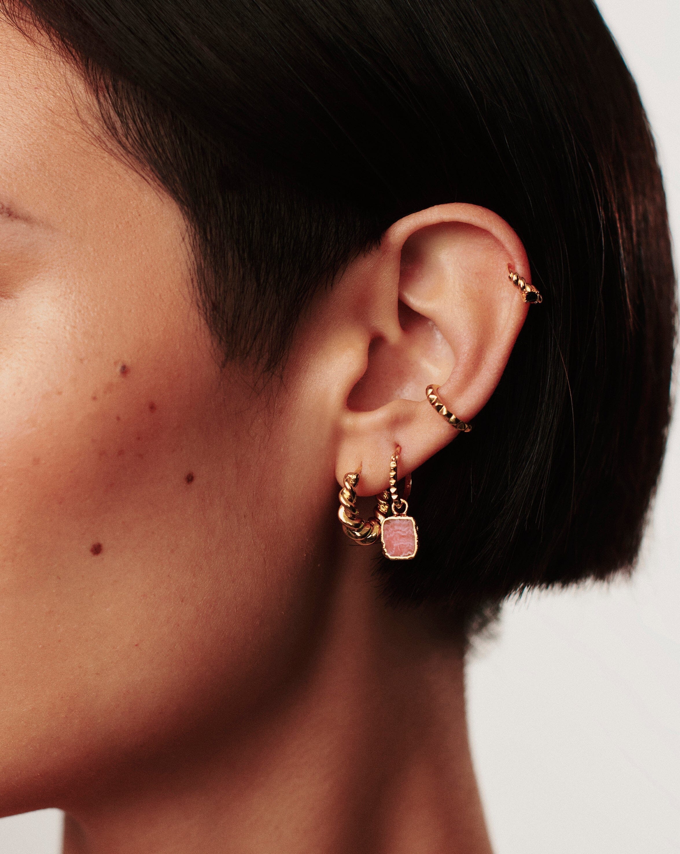 Missoma Mini Pyramid Charm Hoop Earrings | 18ct Gold Vermeil/Rhodochrosite