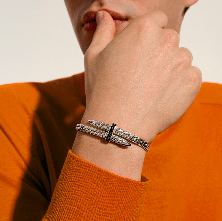 John Hardy Spear Sterling Silver Flex Cuff with Treated Black Sapphire
