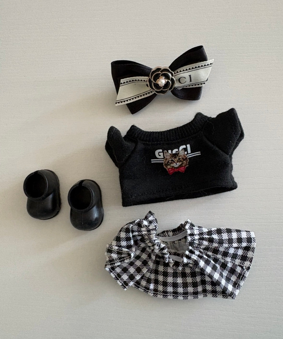 Cctlanna Black Cat Shirt with skirt and shoes - Labubu Clothes for Exciting Macaron, Have a seat, Big into Energy